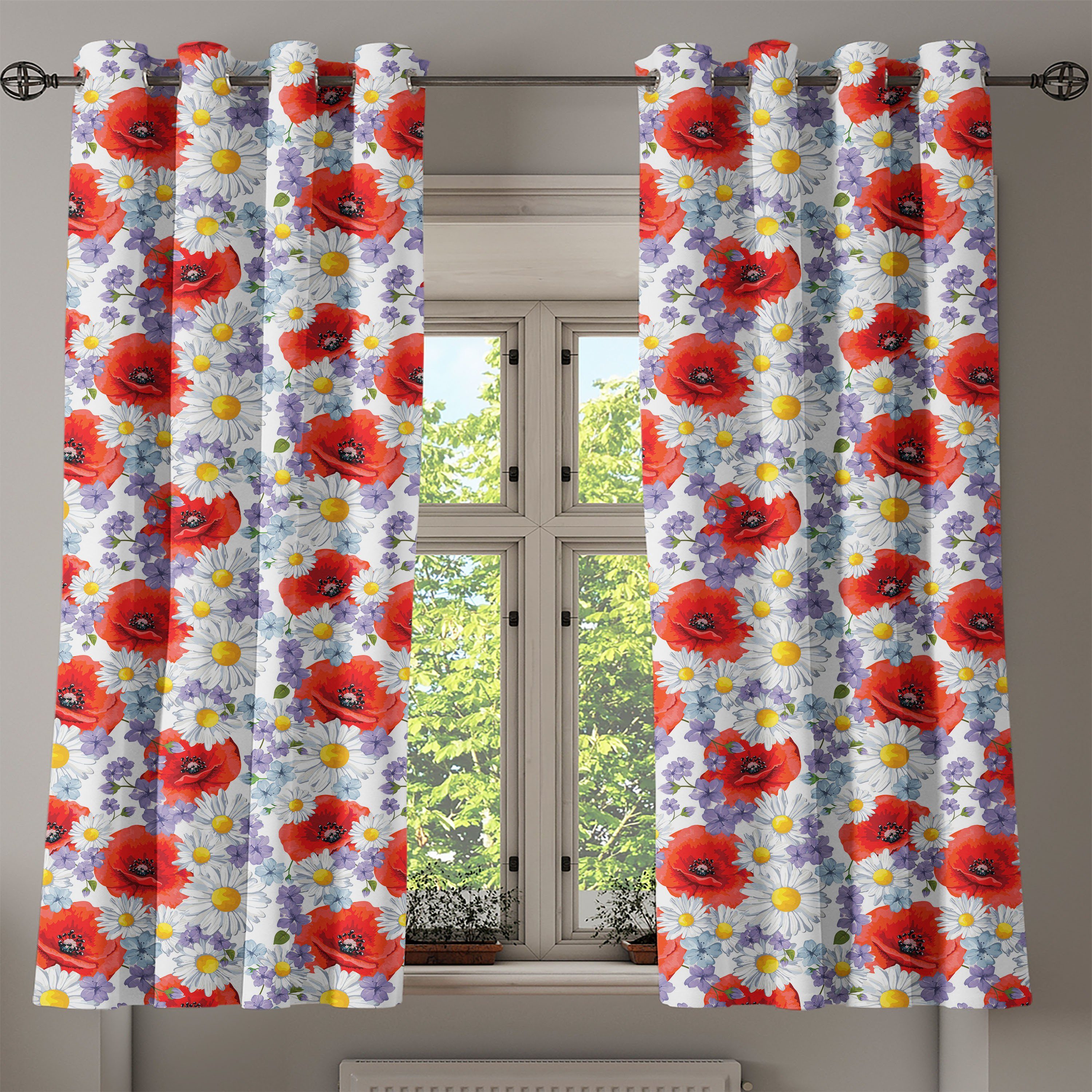 Bunt Dekorative Gardine Blume Daisy 2-Panel-Fenstervorhänge für Schlafzimmer Abakuhaus, und Poppy Wohnzimmer,