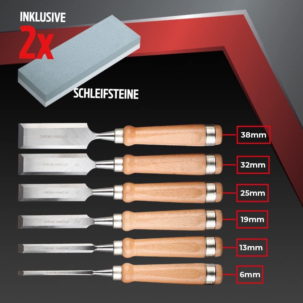 bestTools Stechbeitel Stechbeitel Set 6-teilig aus Chrom-Vanadium Stahl für Holz, Mit Schleifstein & Holzkiste präzise Stemmeisen für Profis