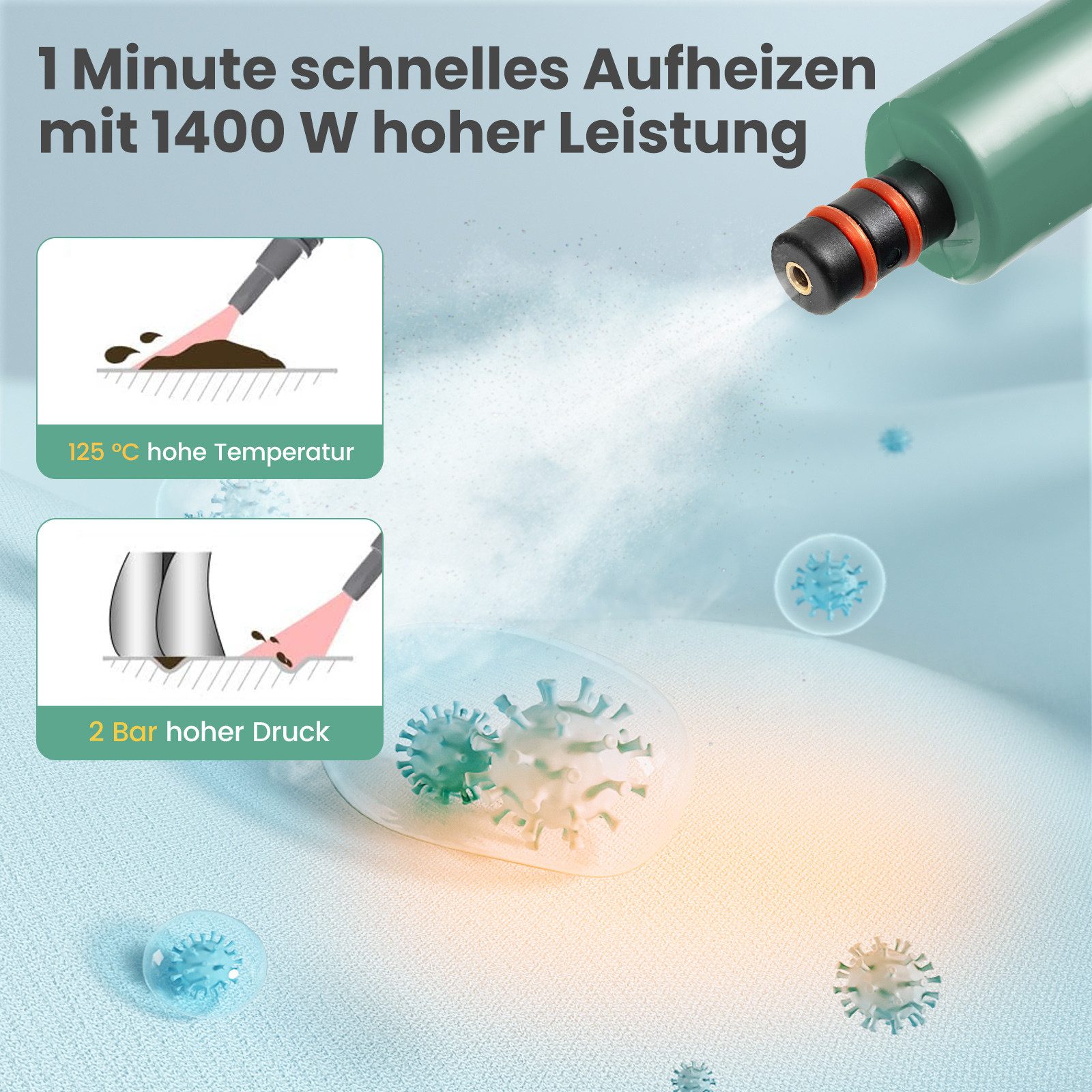 COSTWAY Dampfreiniger, 1400 W, 2 Bar, 125℃, Handgerät mit 14 Zubehörteilen