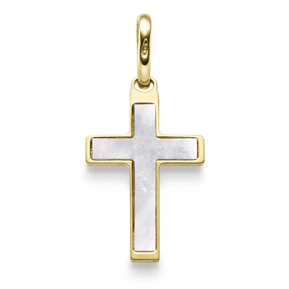 Kettenanhänger Anhänger Kreuz 24.5x12mm mit Perlmutt aus 585 Gelbgold