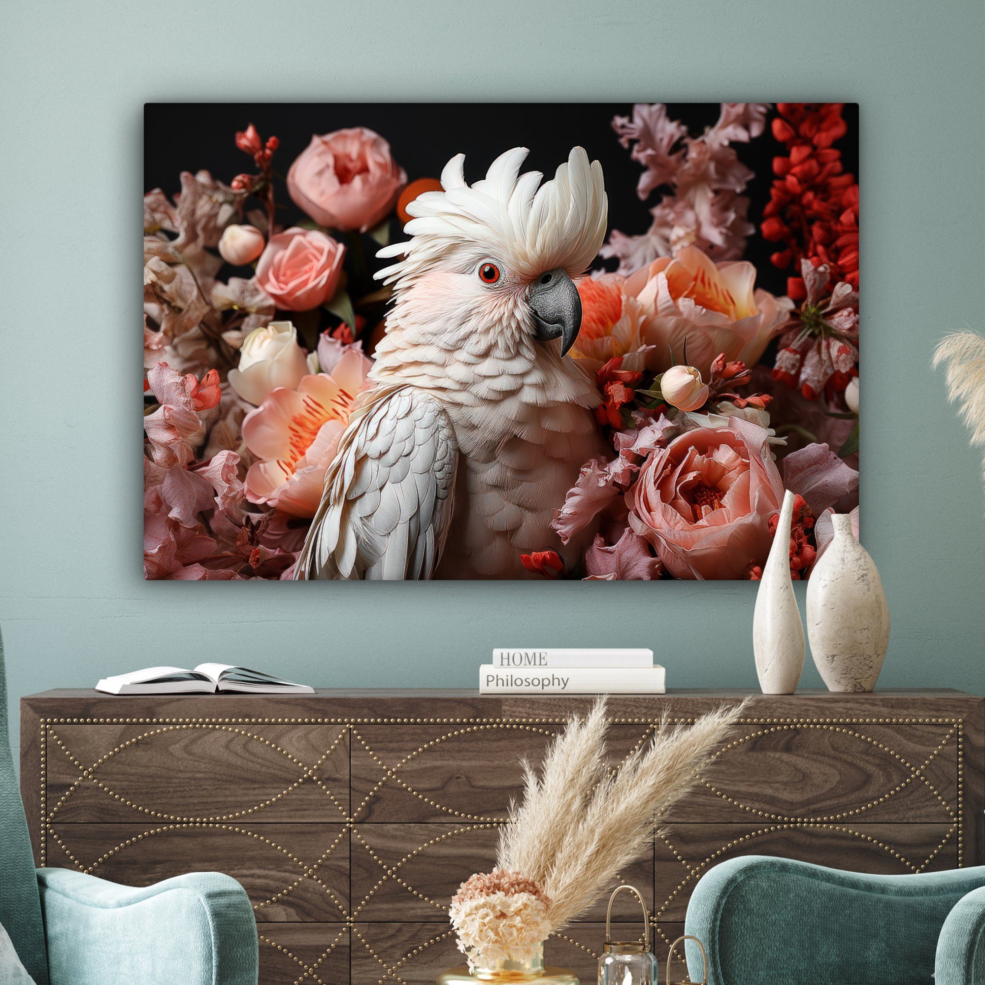 - cm (1 St), Rosa, alle für - Gemälde, Tier - 120x80 Natur großes, Blumen - Leinwandbild Kakadu OneMillionCanvasses® Botanisch Wohnbereiche, - Wandbild XXL,
