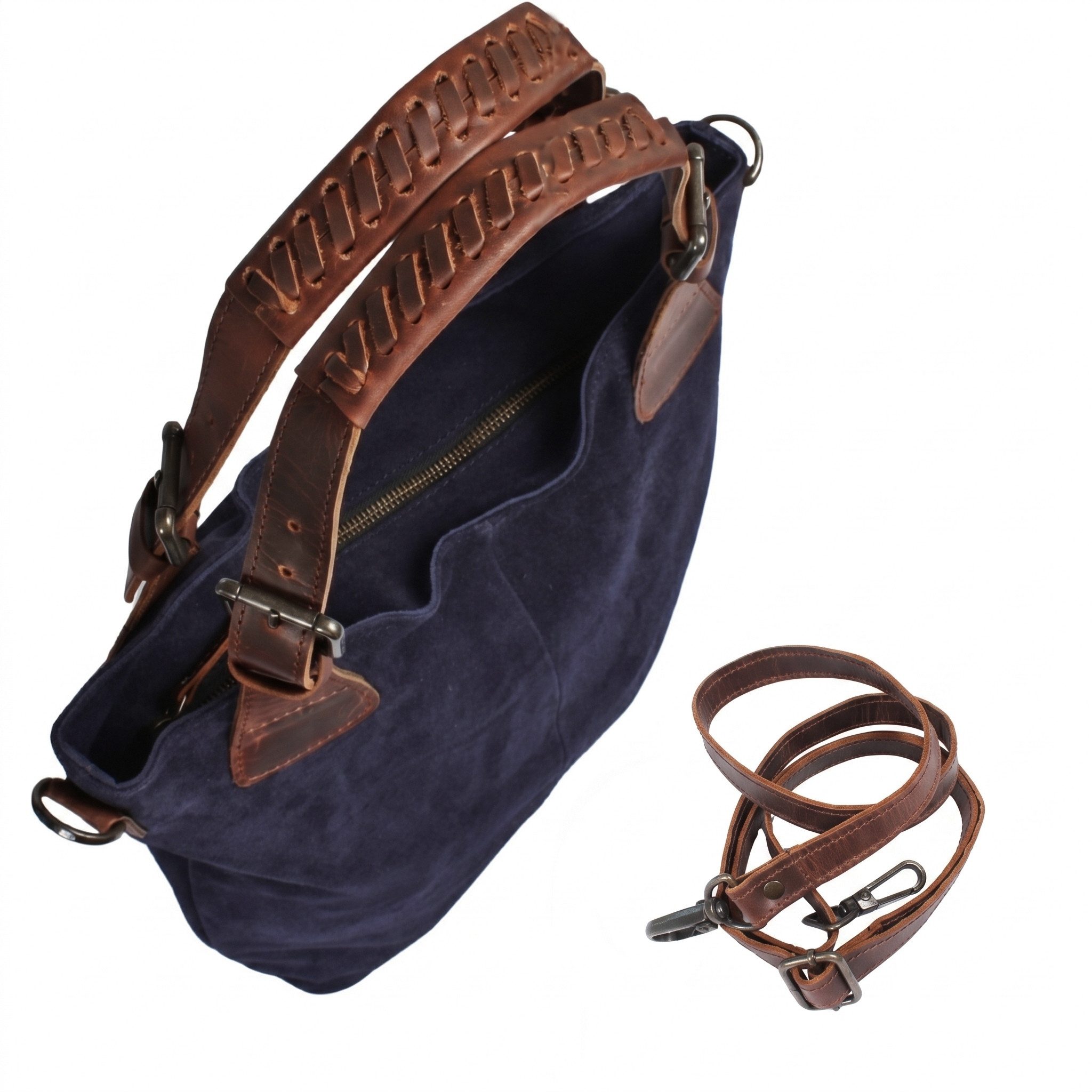 LECONI Schultertasche Henkeltasche Damentasche Handtasche für Damen Leder Shopper LE0054-VL, weiches Wildleder - geflochtene Henkel - verstellbarer Tragegurt – Bild 3 von 5
