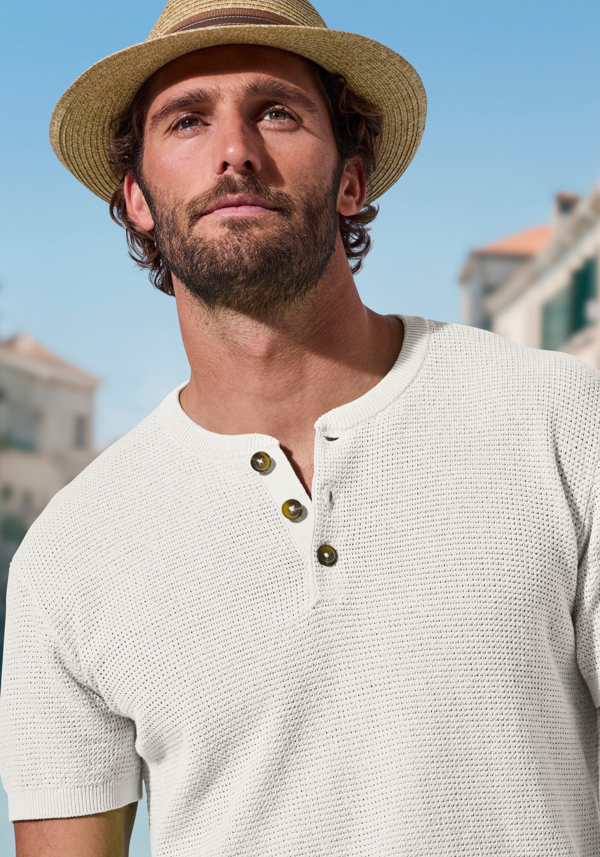 John Devin Henleyshirt - Strickshirt Rundhalsausschnitt mit kleiner Knopfleiste