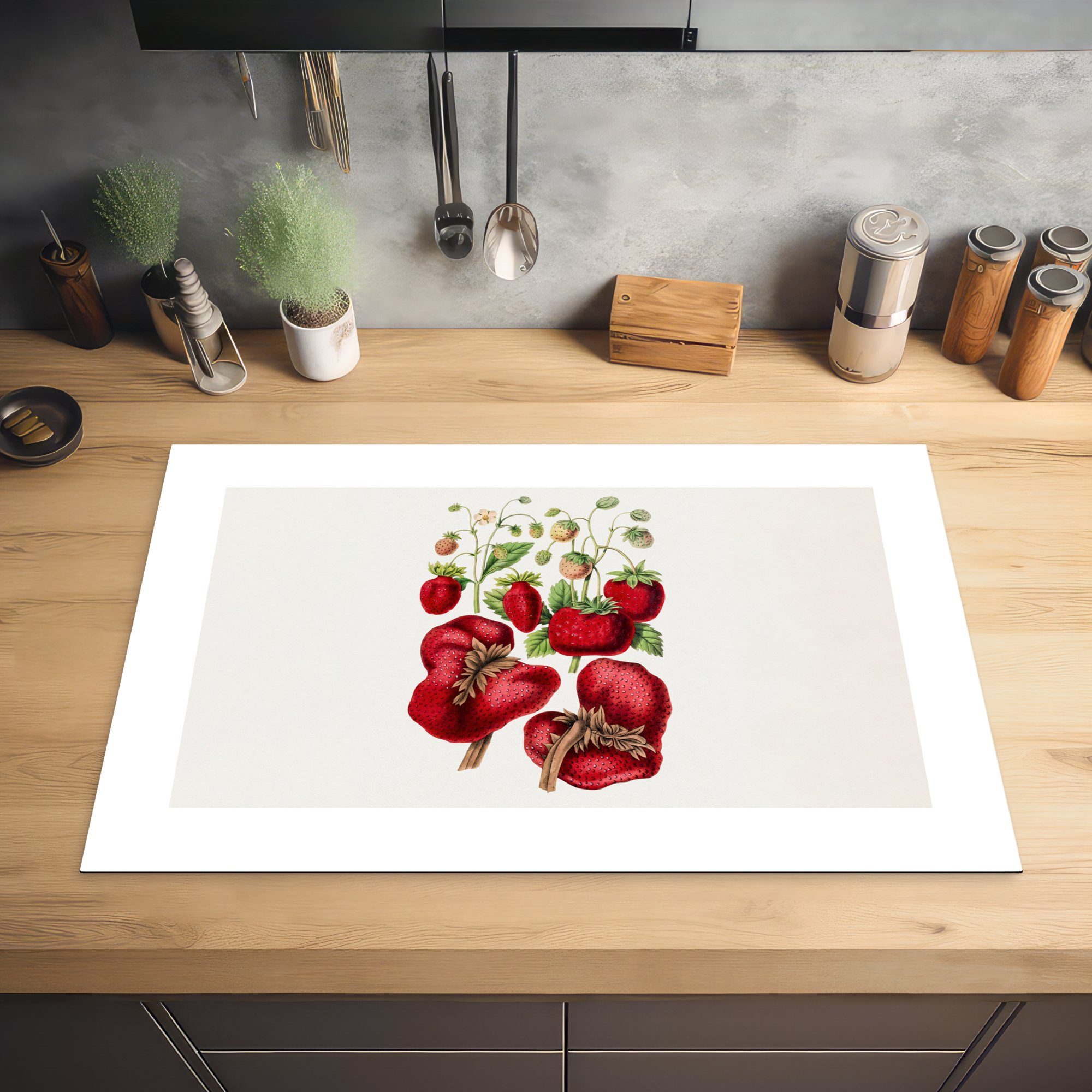 MuchoWow Herdblende-/Abdeckplatte Erdbeeren küche, Induktionskochfeld cm, - (1 Pflanze, 81x52 für - Schutz die Vinyl, tlg), Ceranfeldabdeckung Obst