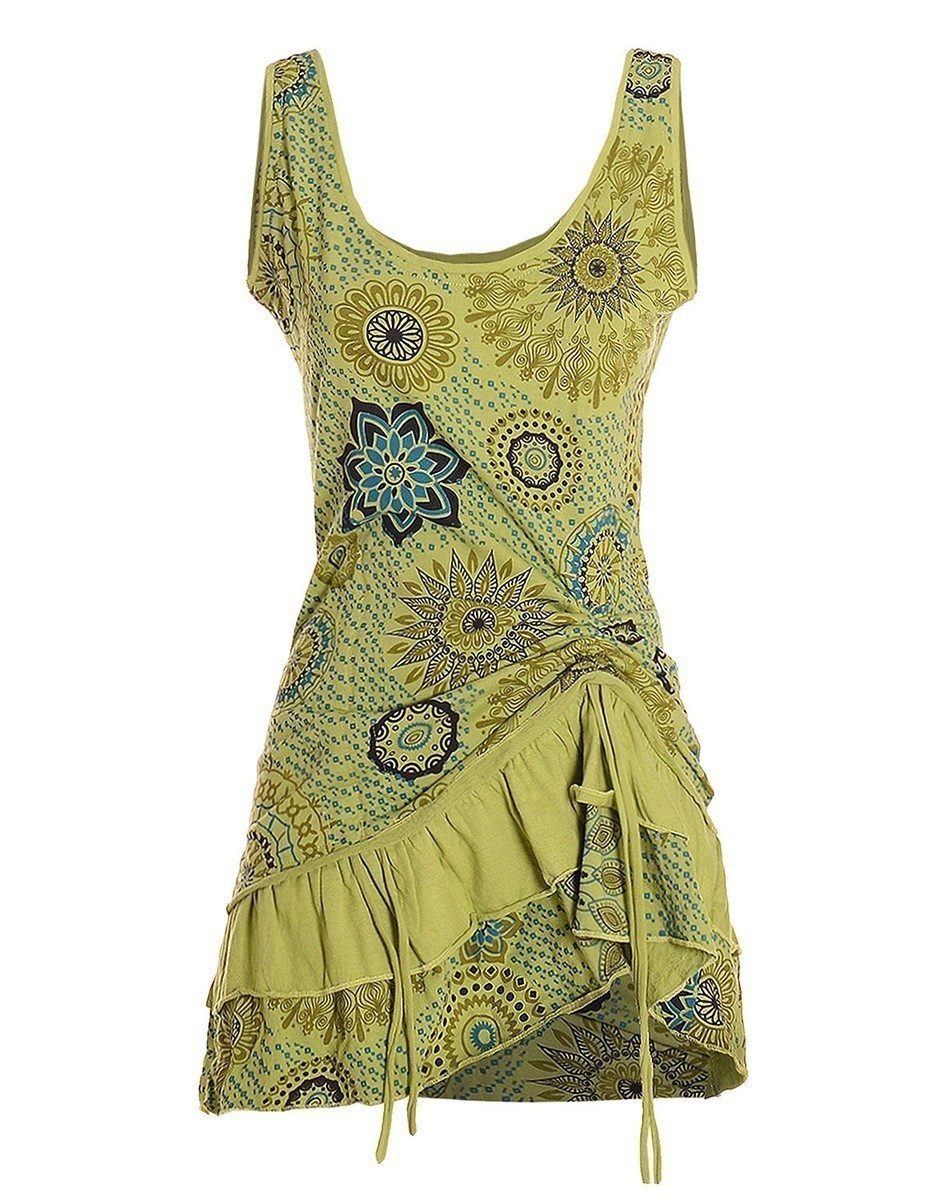 Vishes Sommerkleid Damen Ärmellos Bedruckt Rüschen Raffung Baumwolle Alternative Mode, Boho, Hippie, Ethno, Festival