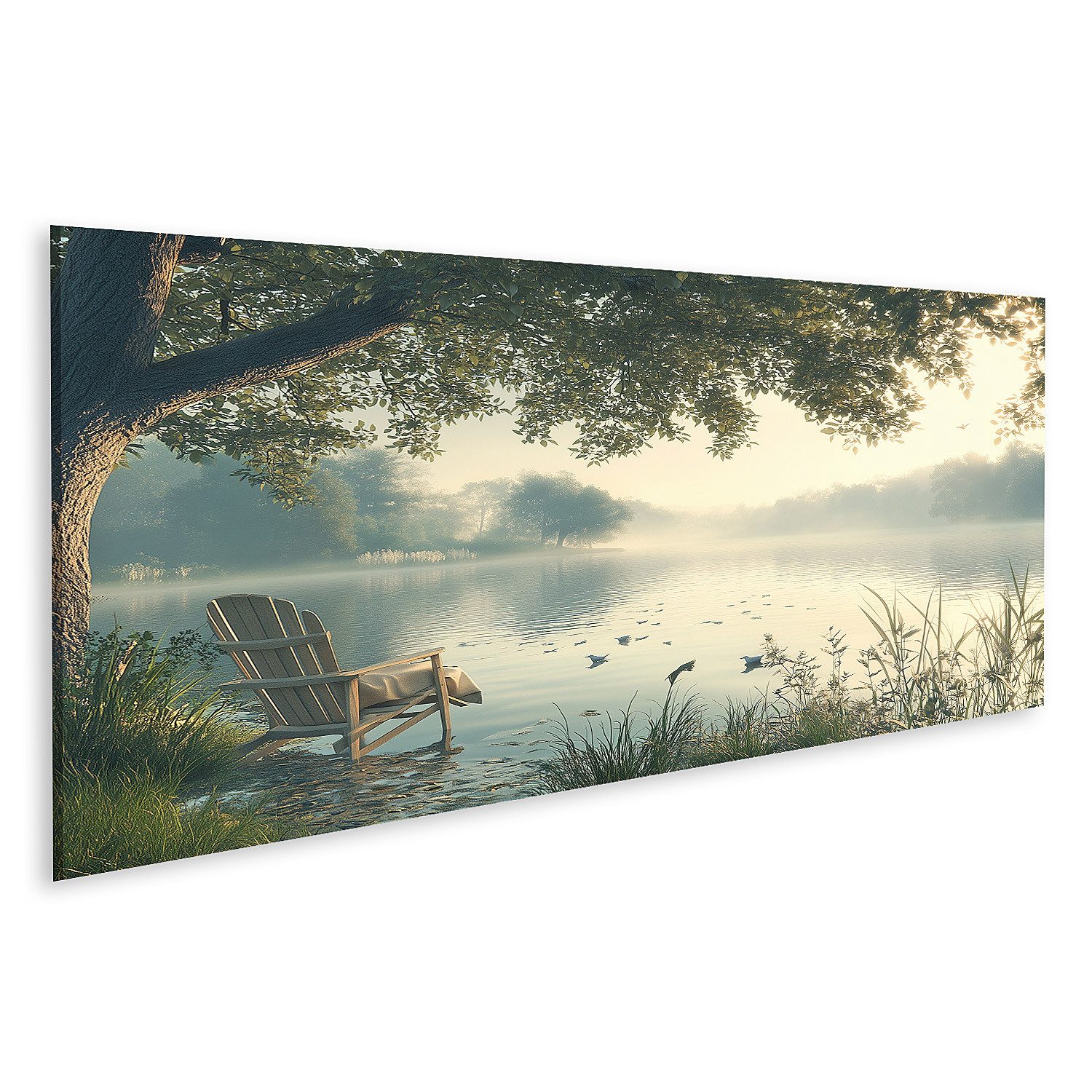 islandburner Leinwandbild Morgendlicher Nebel am ruhigen See mit Stuhl