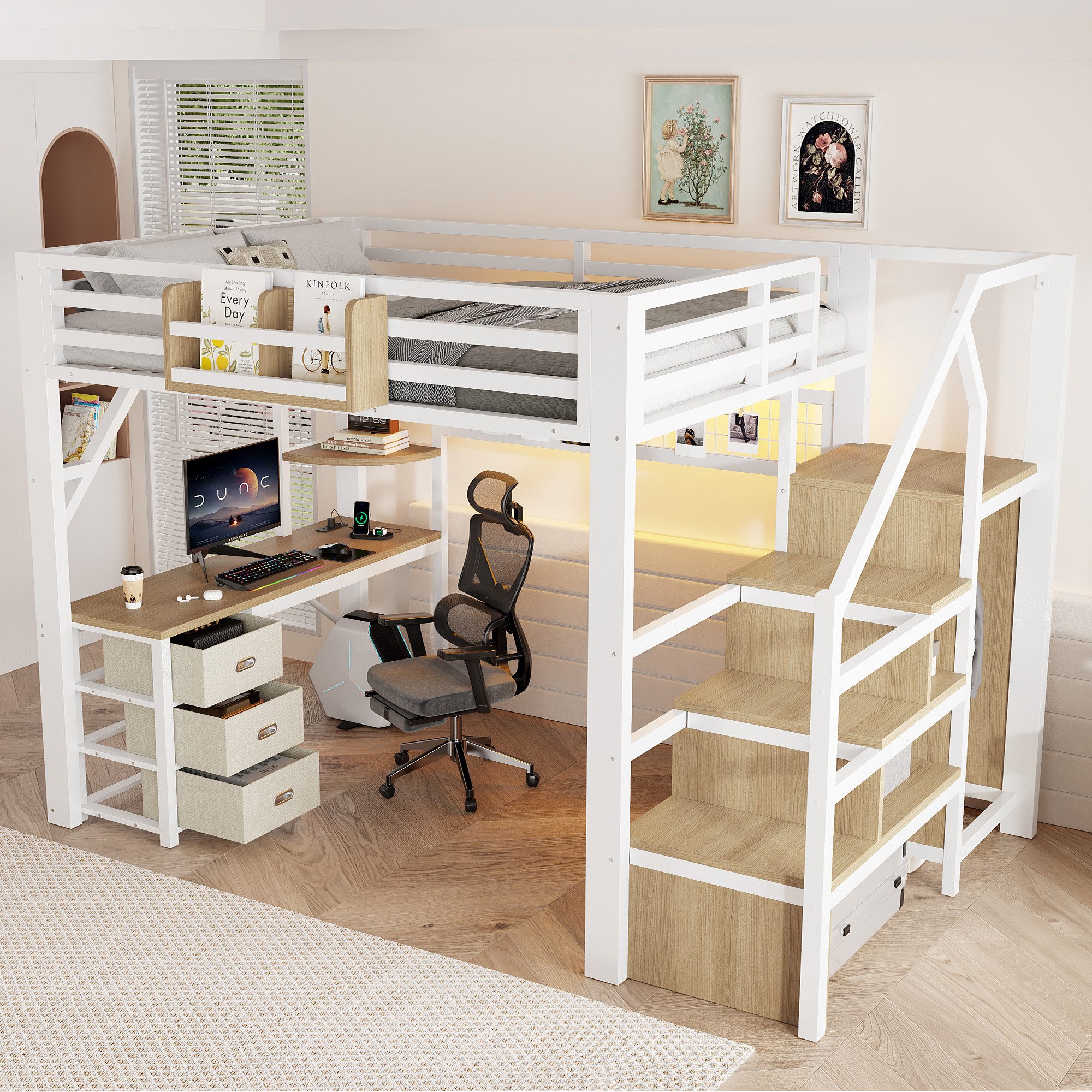 Flieks Hochbett Stauraumtreppe mit Kleiderschrank Metallbett 140x200cm mit Schreibtisch, 3 Schubladen, LED&Aufladen
