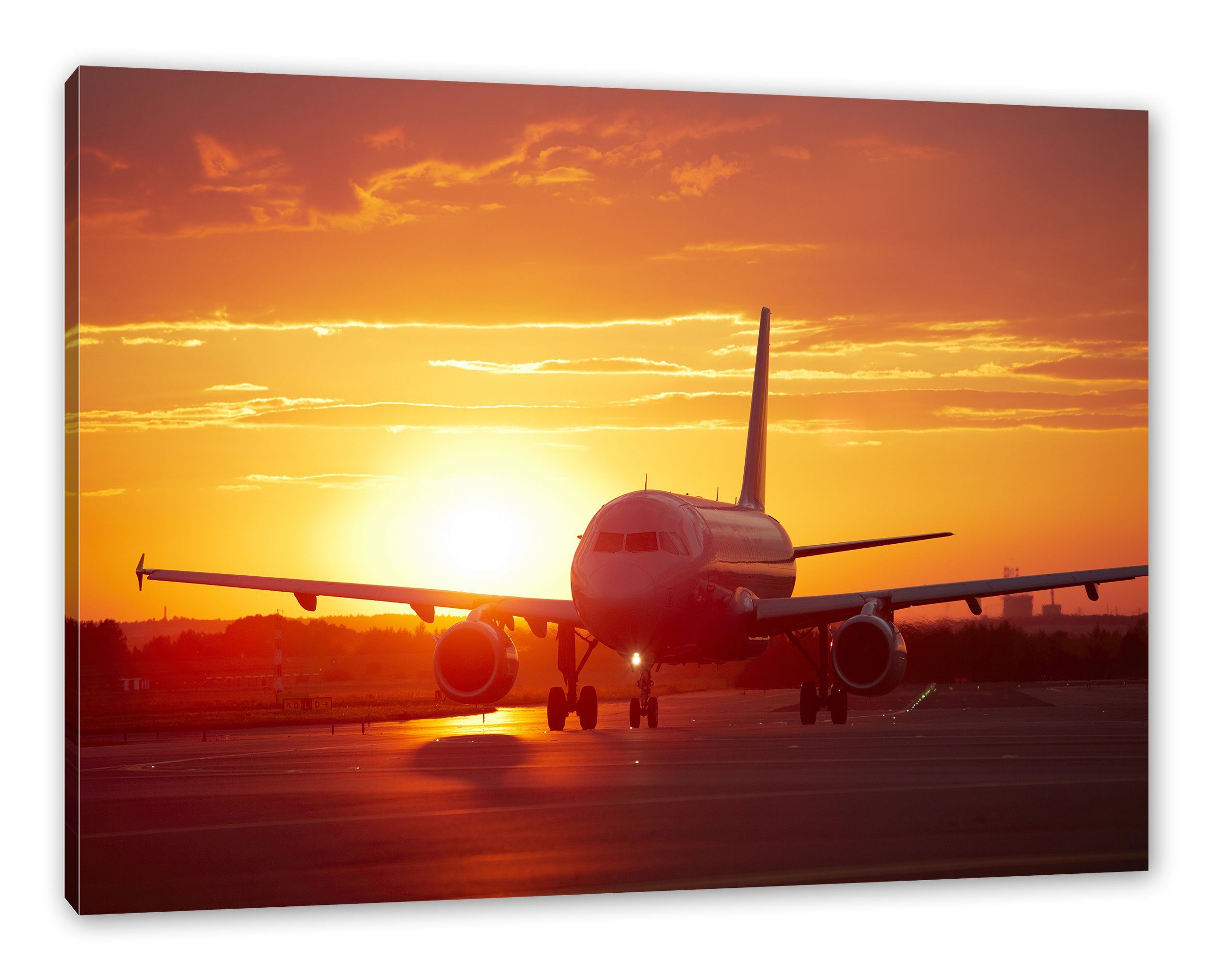 Pixxprint Leinwandbild Flugzeug Sonnenuntergang (1 inkl. Leinwandbild bespannt, fertig im Flugzeug Zackenaufhänger im St), Sonnenuntergang