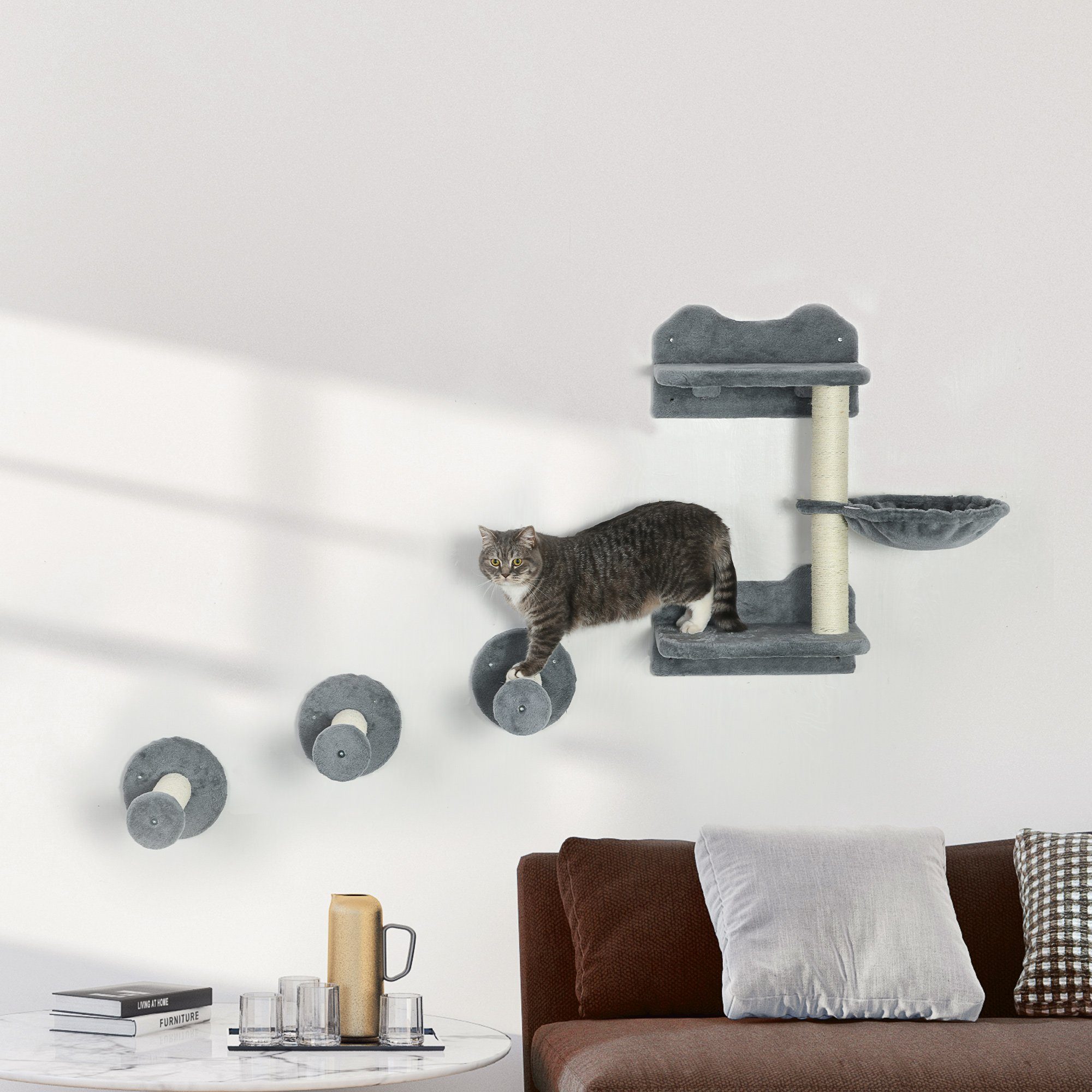 PawHut Katzen-Kletterwand 4-teilig, Katzentreppe, mit Hängematte, Sisal, Grau, 40 x 28 x 73cm