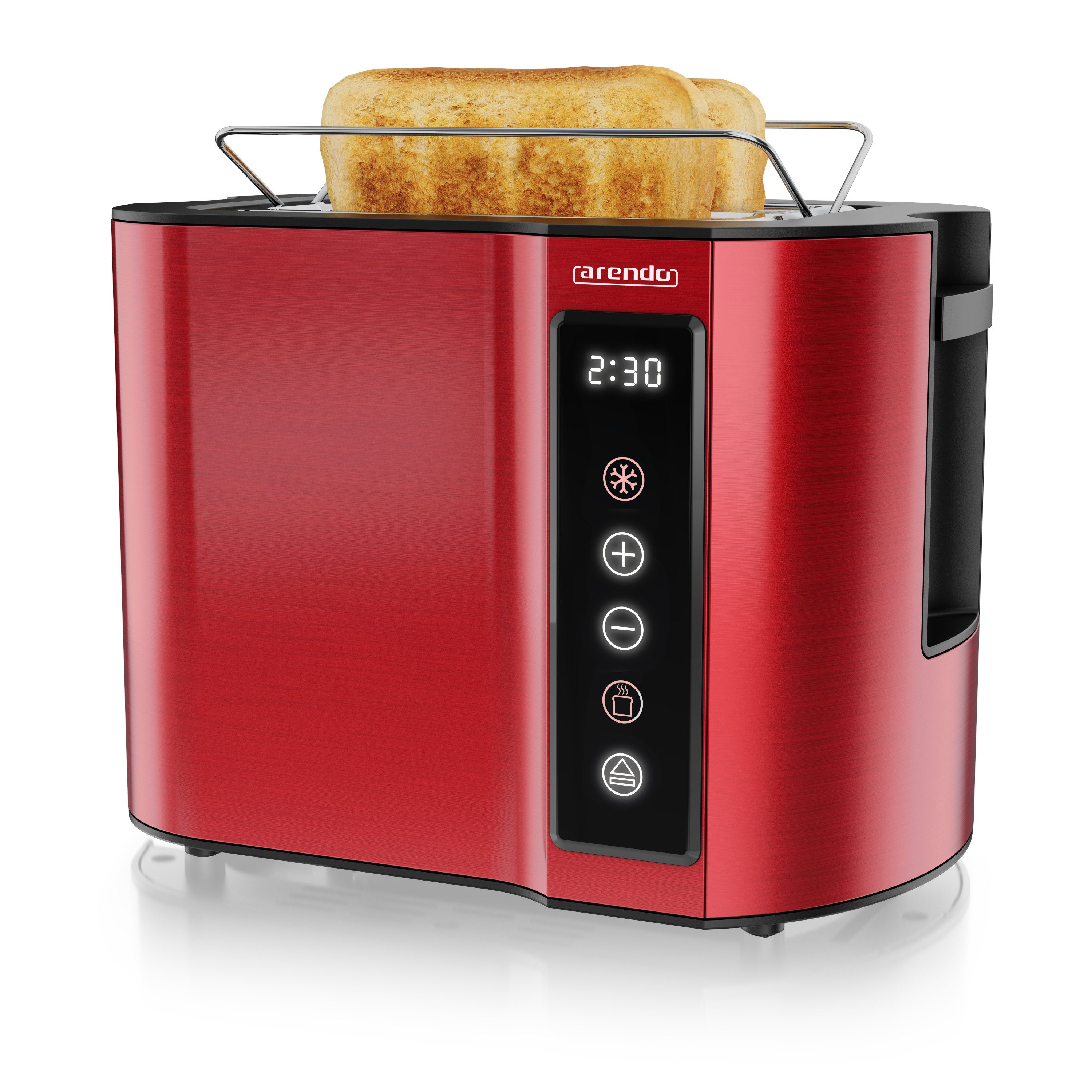 Arendo Toaster 2-Scheiben, Wärmeisoliertes Doppelwandgehäuse, Display Restzeitanzeige, 2 kurze Schlitze, für 2 Scheiben, 800 W, Kurzschlitz, Brötchenaufsatz, 7 Bräunungsgrade, Touchpanel