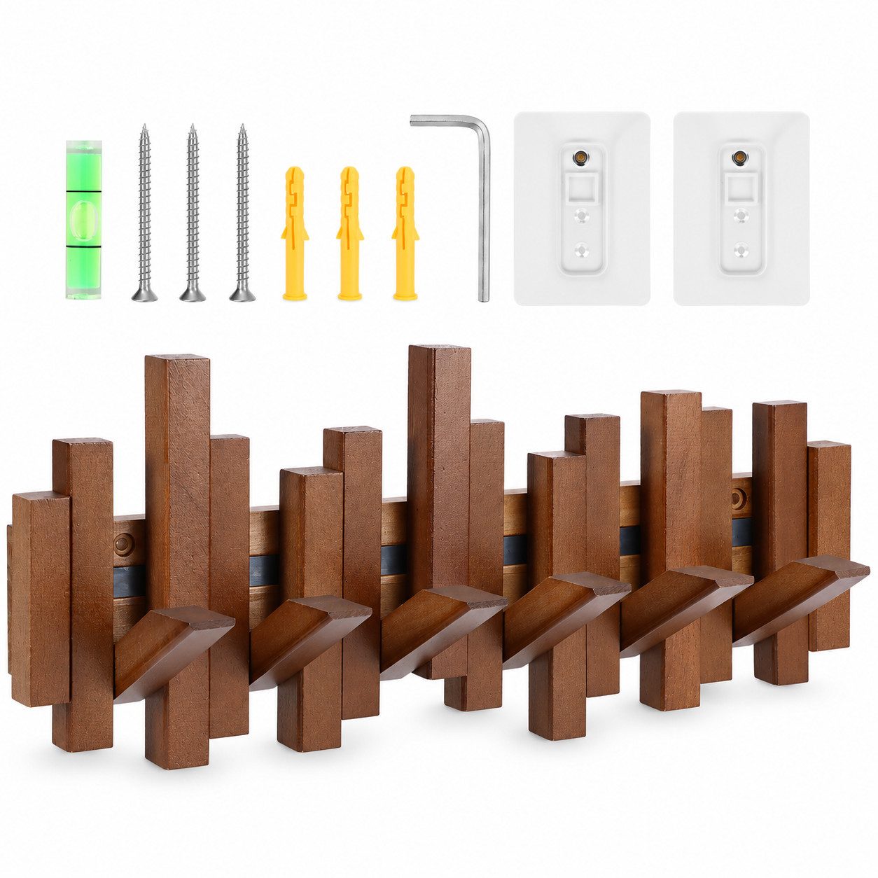 LEMLIT Wandgarderobe Garderobenleiste Holz mit 6 Klapphaken, Platzsparende Hakenleiste (1er Set, 1 St., 6 einklappbare Haken), Garderobe …