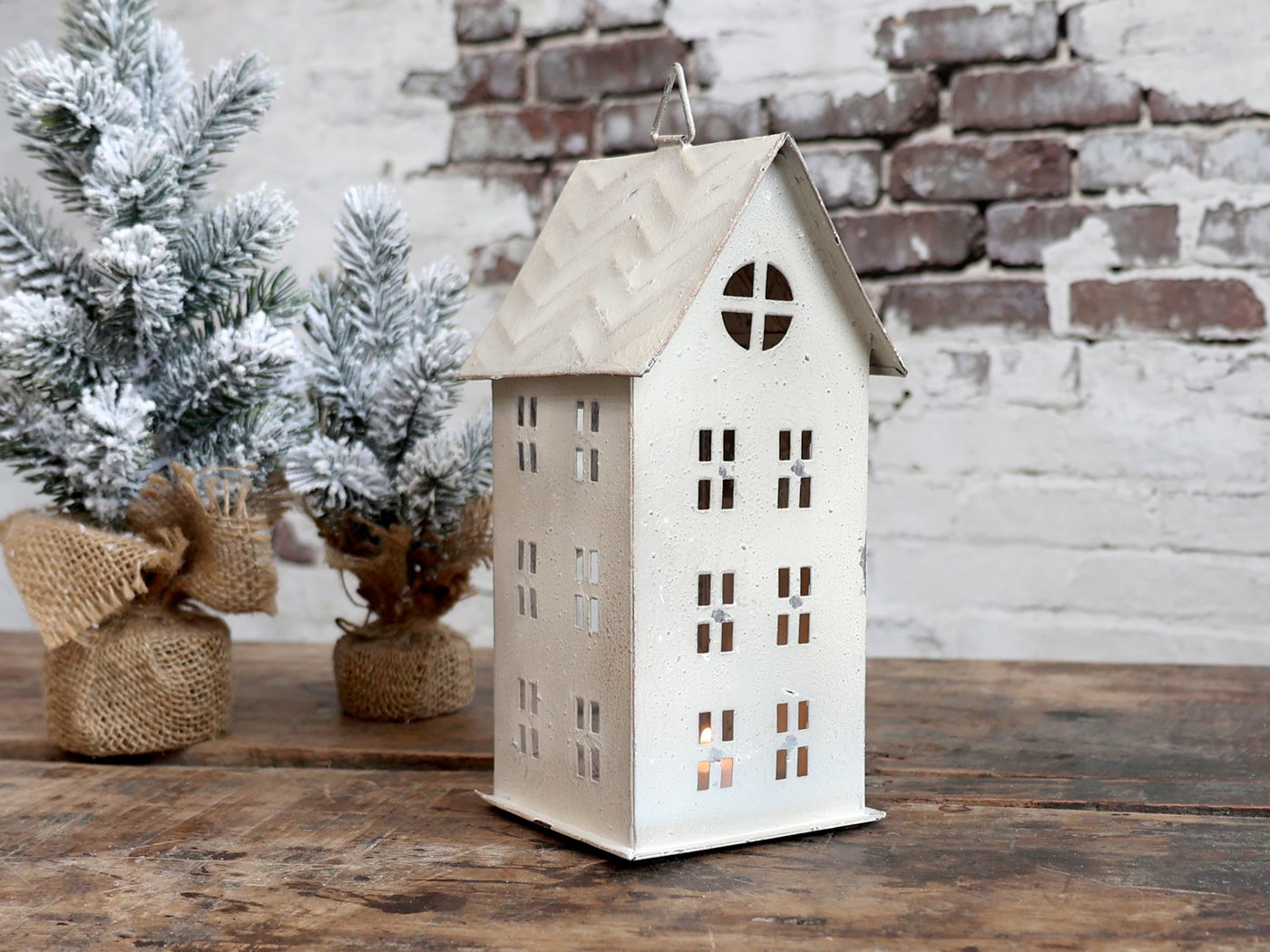 Chic Antique Kerzenlaterne Lichthaus Metall Kerzenhalter Dekohaus mit Patina in Creme/Messing, individuell einsetzbar