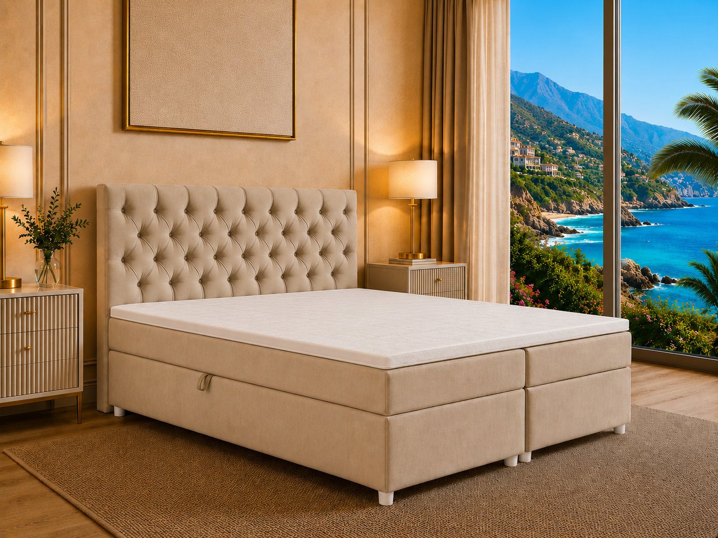 Best for Home Boxspringbett Trinity K-14 mit 7-Zonen-Matratze und Stauraum (Boxspringbett-Set, 1-St., Boxspringbett-Set inklusive Matratze, Topper und Bettkästen), 7-Zonen-Matratze, PUR-Schaum-Topper, gepolstertes Kopfteil