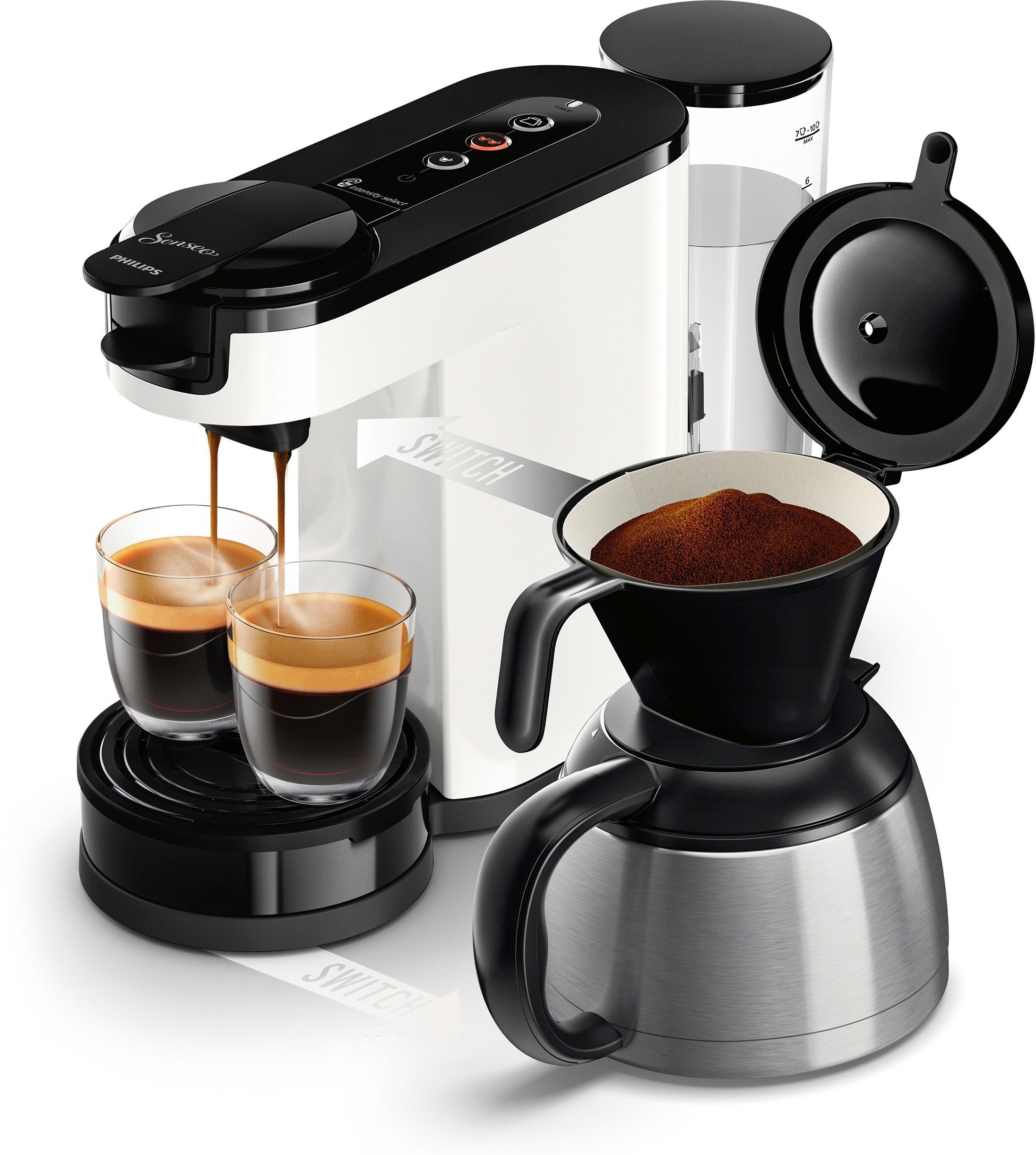 Philips Senseo Kaffeepadmaschine Switch HD6592/04, inkl. Wert 1l von Kaffeepaddose Kaffeekanne, € 9,90 im UVP