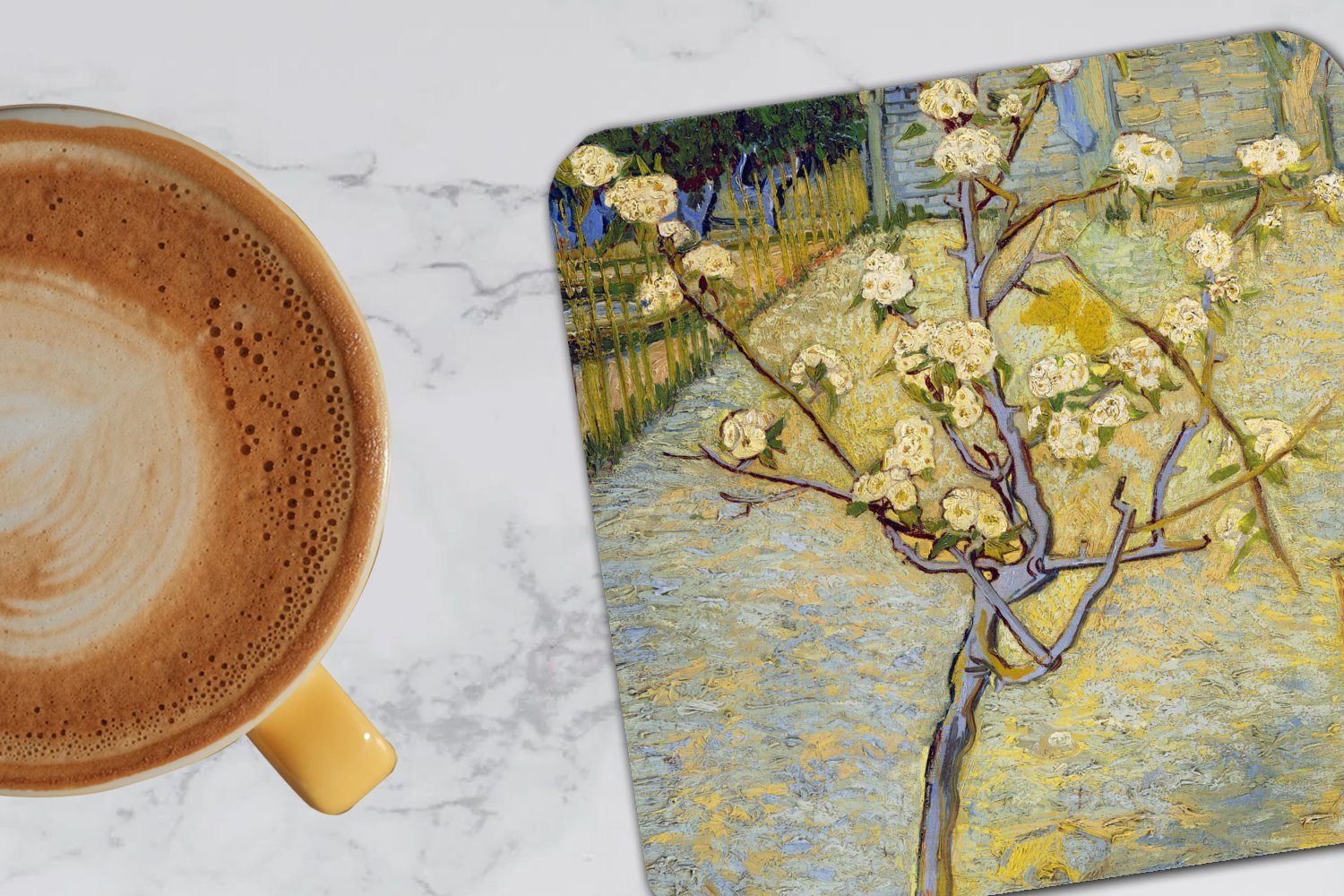 Untersetzer, van Korkuntersetzer, Vincent Gläser, Glasuntersetzer, Tischuntersetzer, MuchoWow Gemälde Glasuntersetzer 6-tlg., Blühender Birnbaum Tasse von Zubehör für - Gogh,