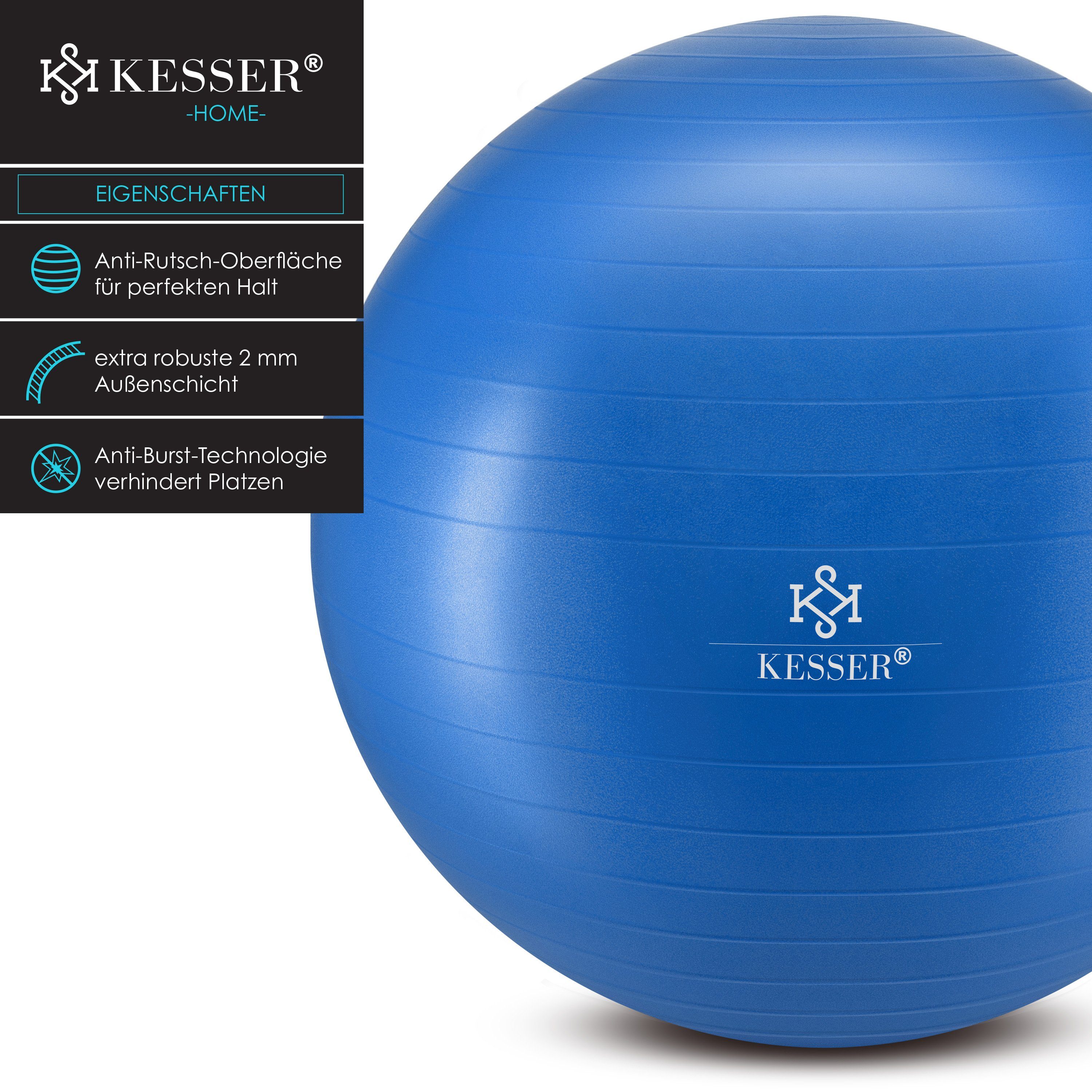 KESSER Gymnastikball, blau Dicker Yogaball Gymnastikball Pumpe Luftpumpe mit BPA-Frei