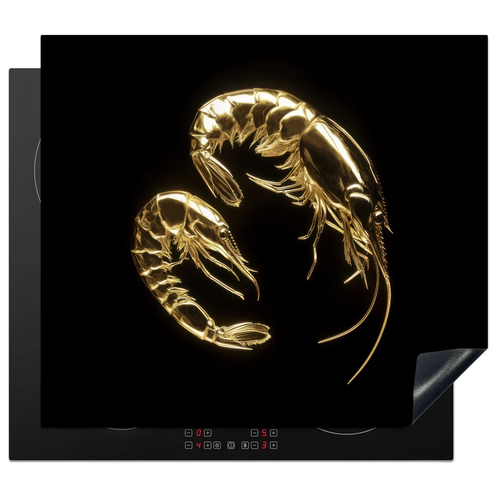 MuchoWow Herd-Abdeckplatte Shrimps - Schwarz - Gold - Tiere, Vinyl, (1 tlg), Abdeckplatte für Ceranfeld, Herd Inductionsmatte, 57.6x51.6 cm