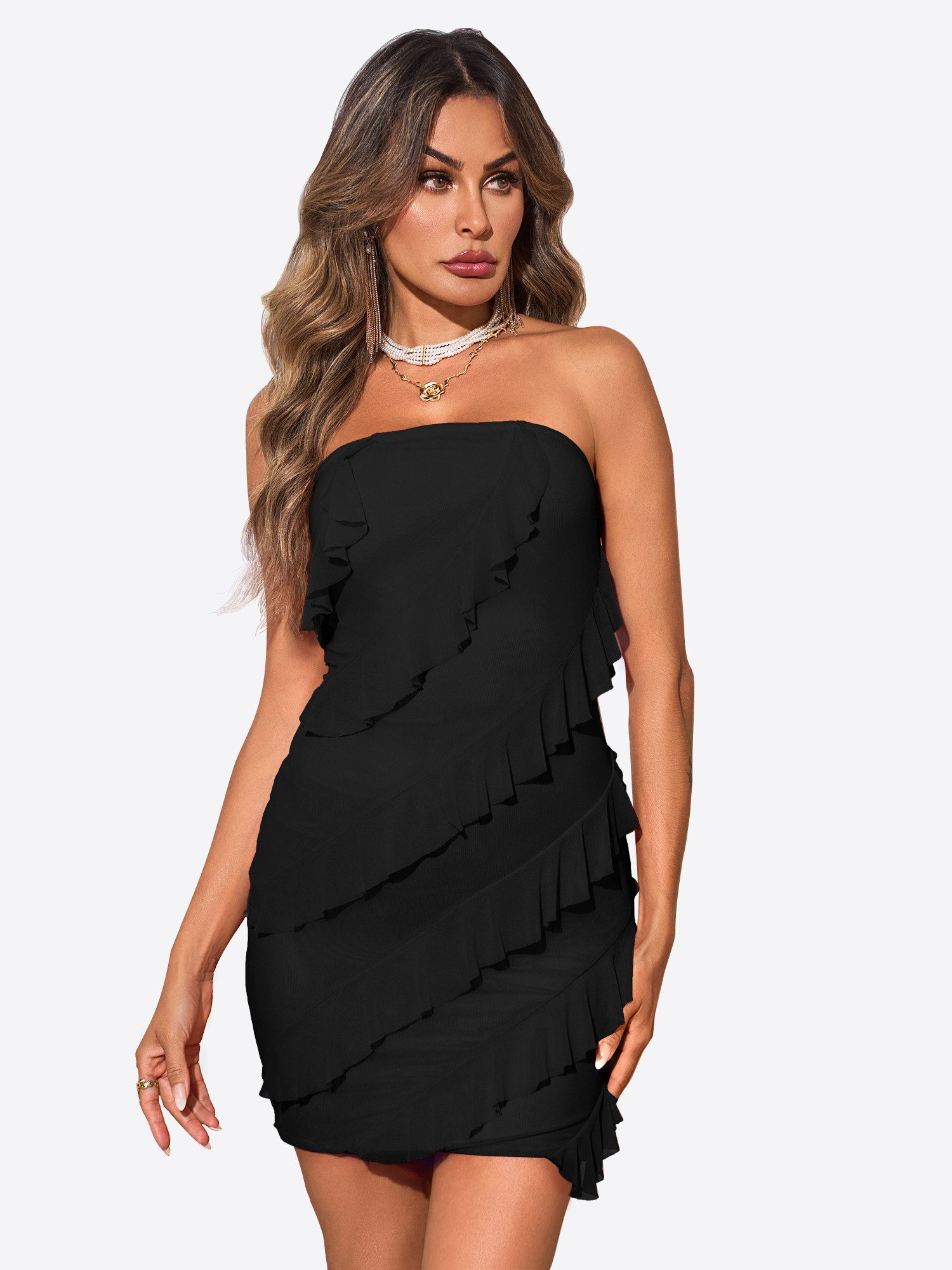 Minikleid Damen schulterfrei ärmellos mit diagonalen Rüschen Club Party