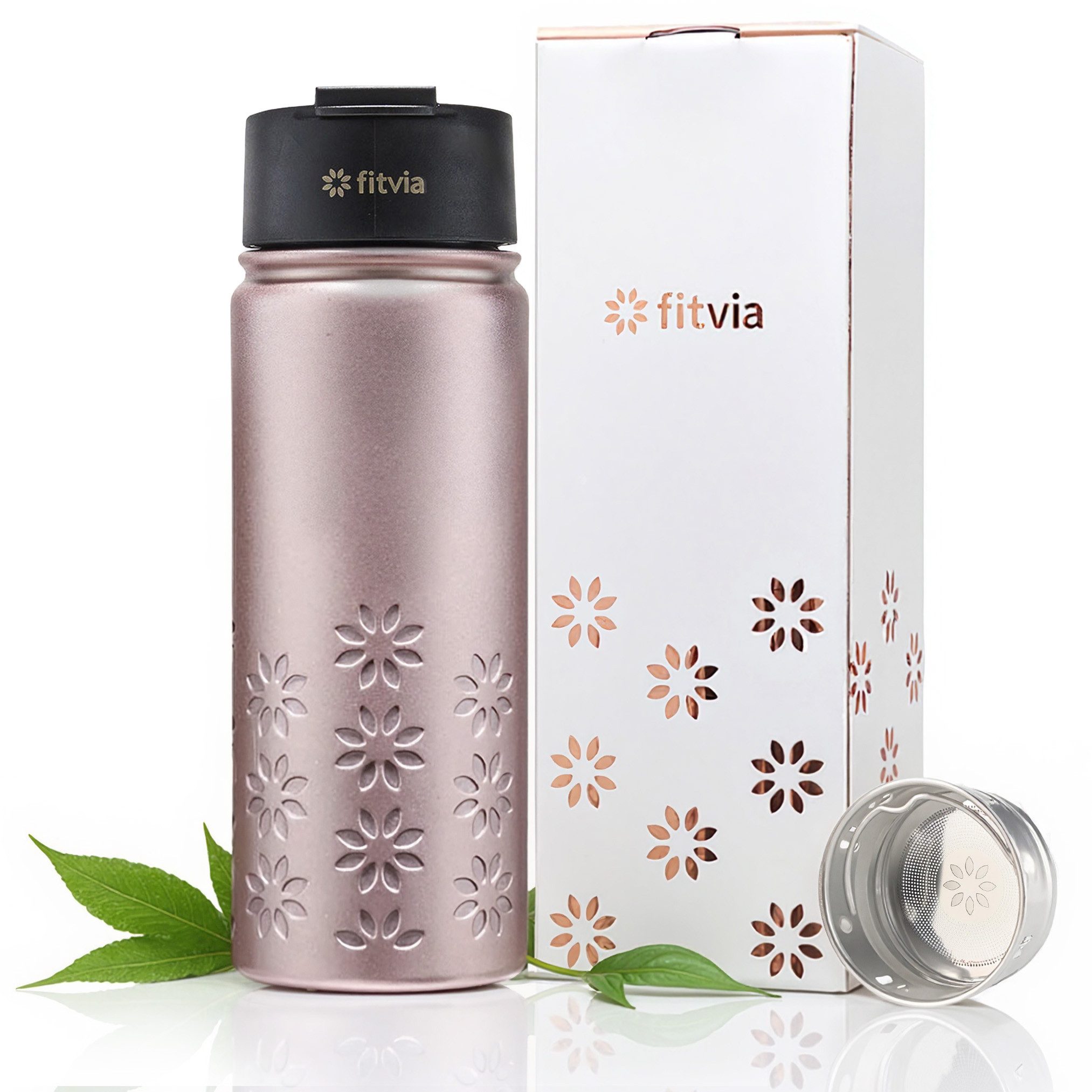fitvia Thermoflasche Thermoflasche "Metallic" rosé, Edelstahl, integriertes Teesieb, Wärme- und Kältefunktion