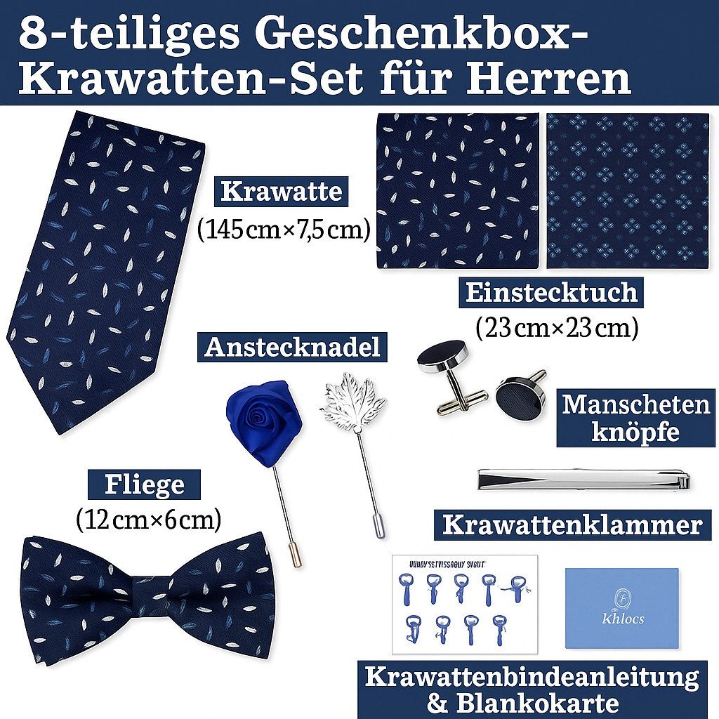 Diyarts Krawatte Hochzeitskrawatte (Fliegen Set mit, Einstecktuch, Manschettenköpfe, Krawattennadel, Boutonniere) Hochwertige Materialien, Vielseitigkeit & Ideales Geschenk