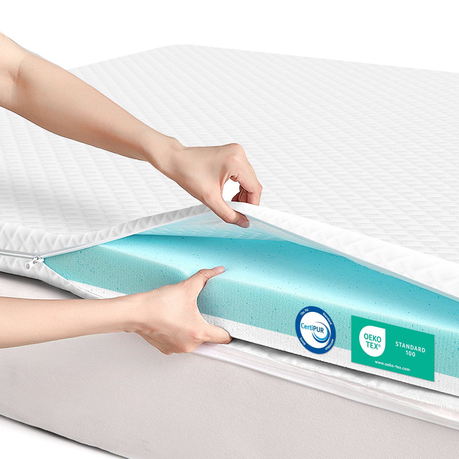 ROYGBIV, Topper Matratzentopper Gel-Schaum, 0-Druck, Wendefunktion – weich/mittelfest, 7 cm hoch, hypoallergen, rutschfest, geräuschlos H2 & H3