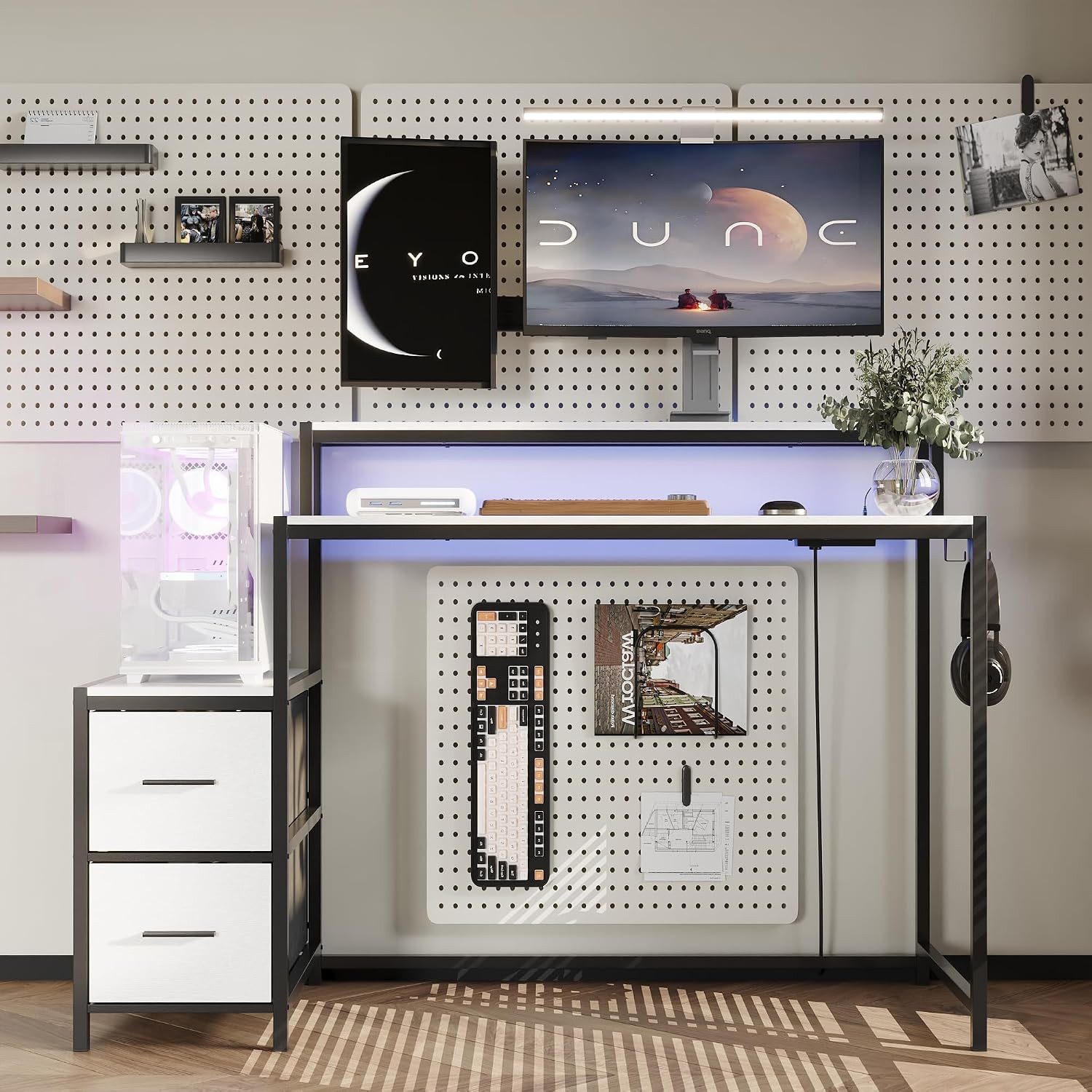 FUFU&GAGA Schreibtisch 80-160cm Computertisch Homeoffice, Weiß & Holz, LED