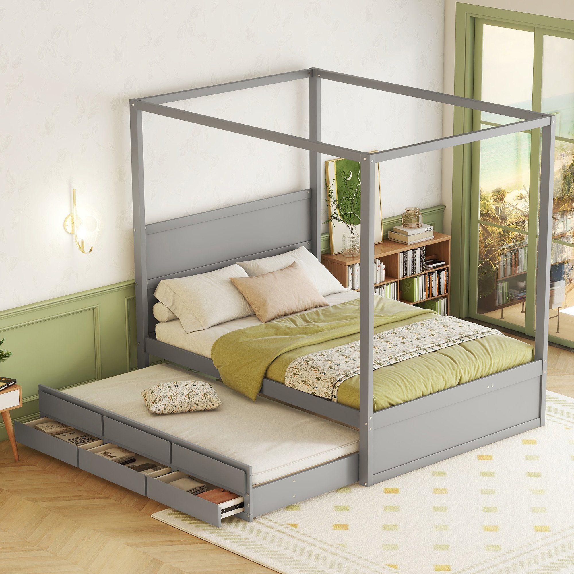 SOFTWEARY Himmelbett Doppelbett mit 2. Schlafgelegenheit, Lattenrost und Schubladen (140x200 cm/90x190 cm), Holzbett aus Kiefer grau