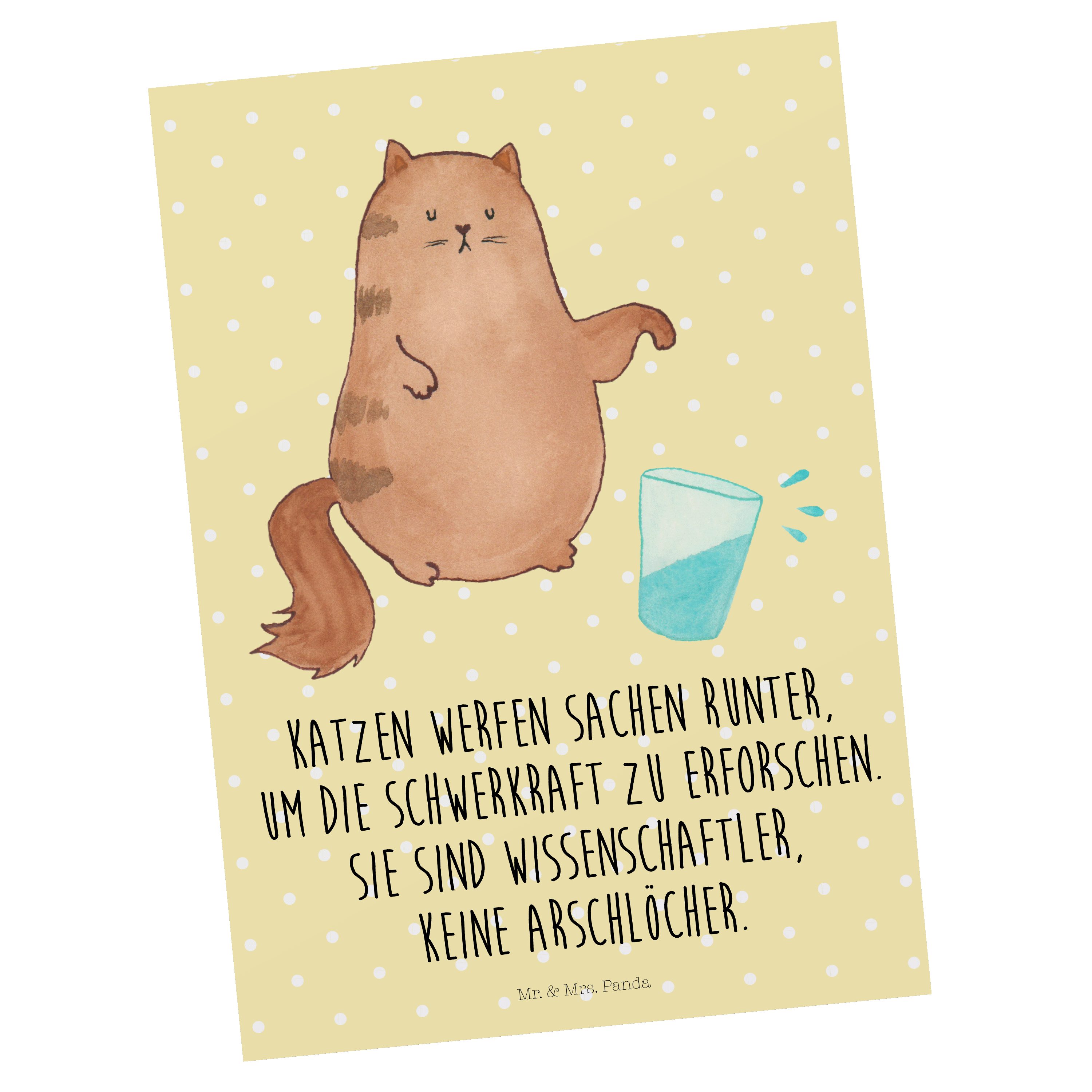 Mr. & Mrs. Panda Postkarte Katze Wasserglas - Gelb Pastell - Geschenk, Katzenmotiv, Katzenmotiv | Grußkarten