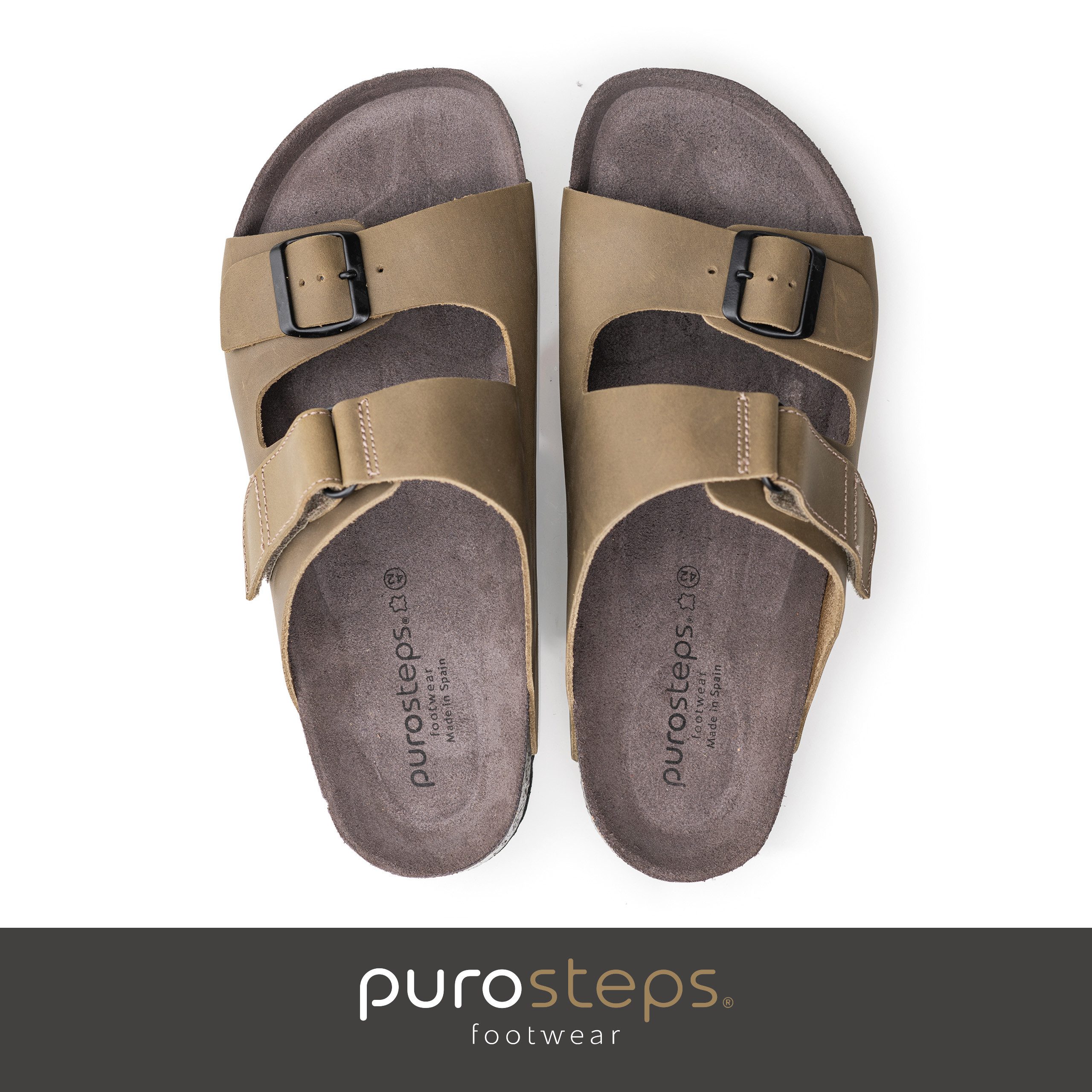 purosteps Vigo-Eco 17586-anthrazit-grün Sandale Echtes Leder, Natur Materialien, Komfortables Fußbett, Made in Spain