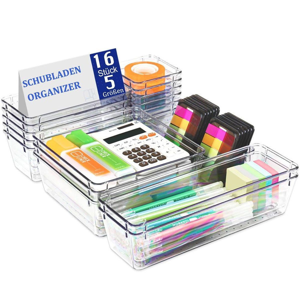 SURFOU Organizer Schubladen Organizer Schreibtisch Schminktisch Make Up Organizer Bad (schubladen organizer bad, schminktisch organizer für schublade 5 Größen, 16 St., Transparent, waschbar, ausgestattet), stapelbar, geeignet für schminktisch, Badezimmer, Schlafzimmer, Küche