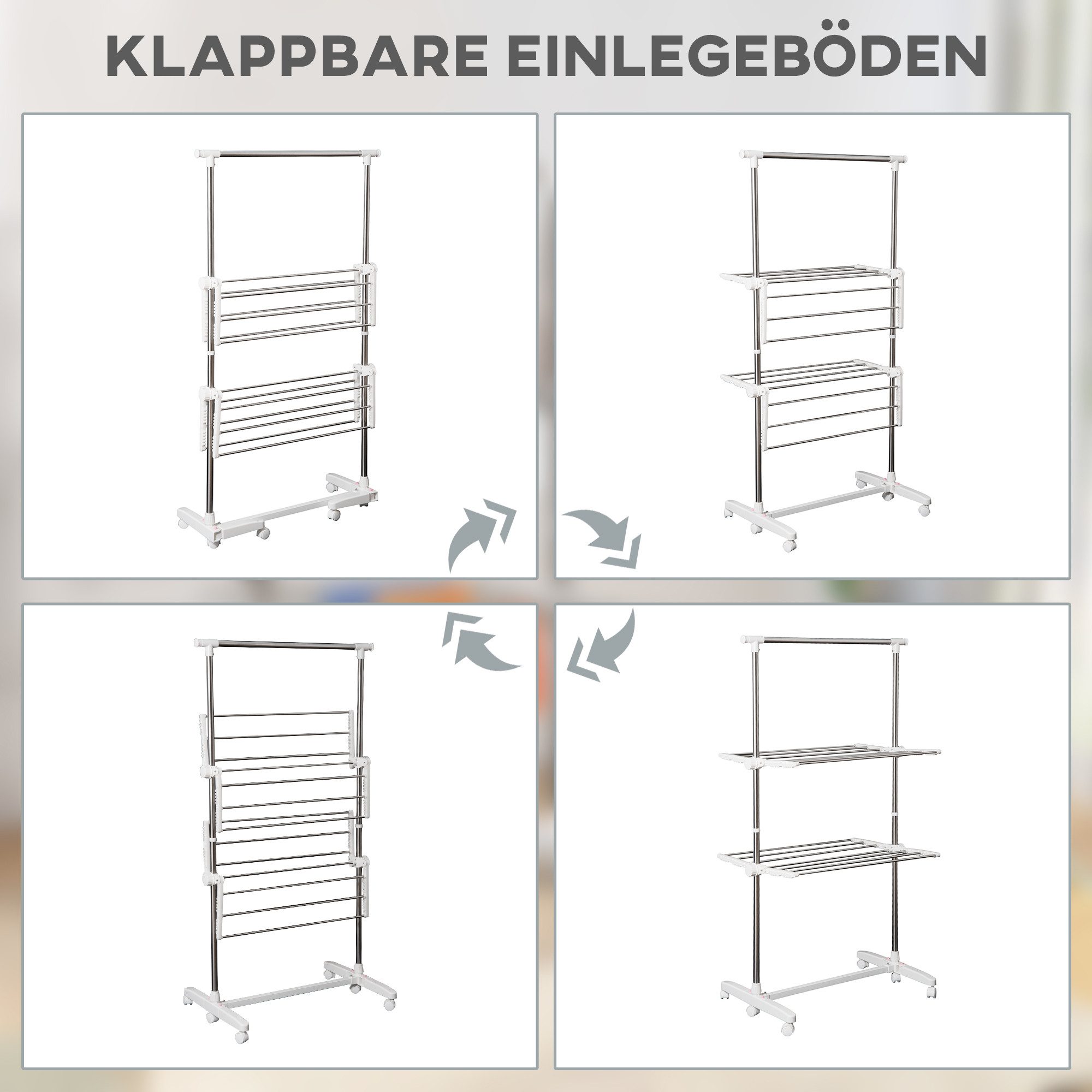 HOMCOM Wäscheständer Turm ausziehbar Standtrockner mit 3 Ebenen, klappbare Flügel, Stahl Weiß 83-136,5 x 55 x 154 cm – Bild 5 von 5