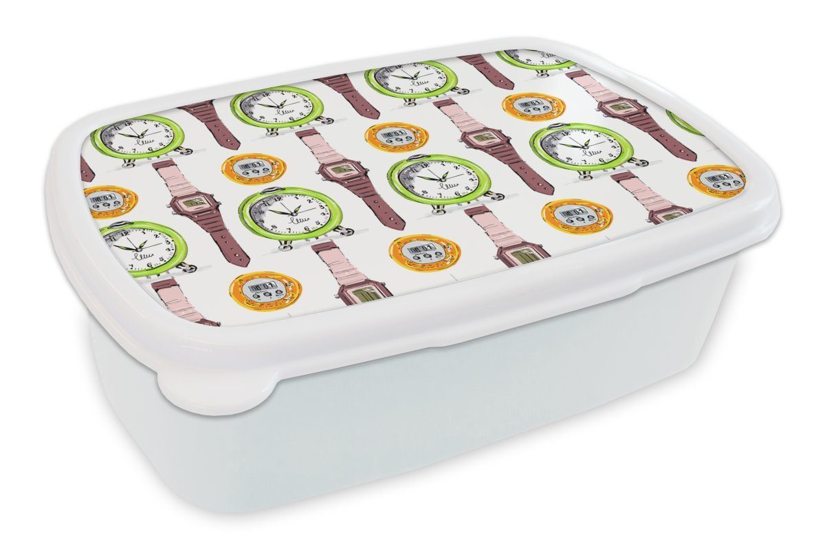 MuchoWow Lunchbox Wecker - Uhren - Stoppuhr - Muster, Kunststoff, (2-tlg), Brotbox für Kinder und Erwachsene, Brotdose, für Jungs und Mädchen weiß