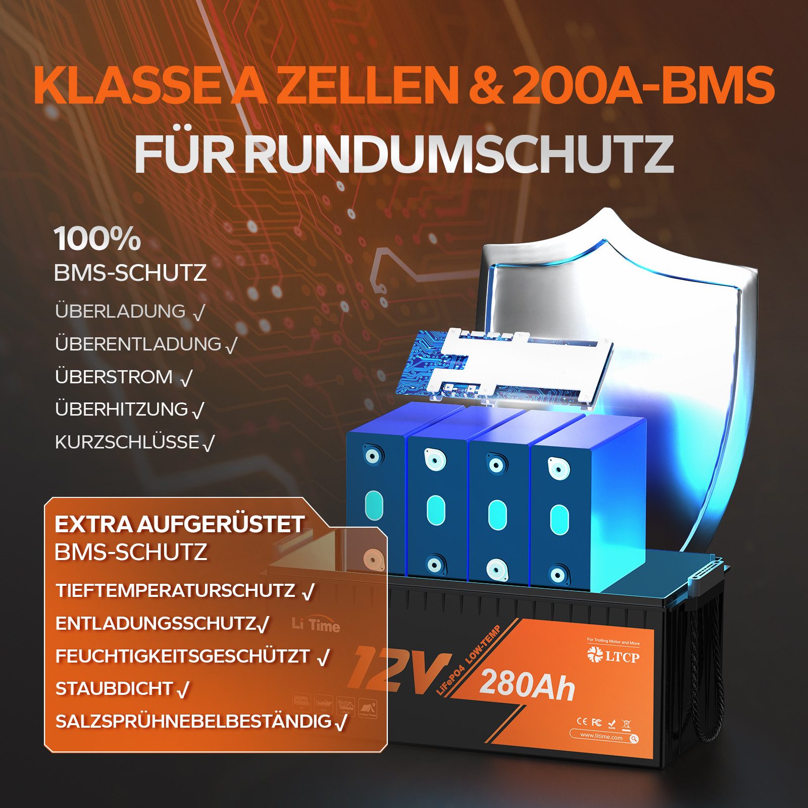 LiTime 12V 280Ah LiFePO4 Batterie Low-Temp-Schutz 3 % Selbstentladung Solarakkus (12 V), IP65, Energiespeicher für Wohnmobil Solar USV Yacht