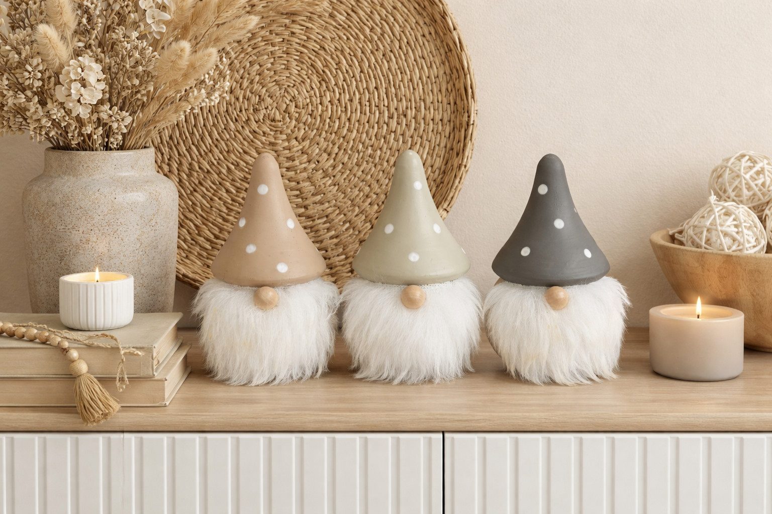 finehomegarden Wichtel Weihnachtswichtel Ø6cm H10cm Holz Pinie 3farbig sort. Weihnachtsdeko (Set, 3 St., 3er Set), Wichtel creme/natur/braun Herbst Weihnachten Skulptur Figur