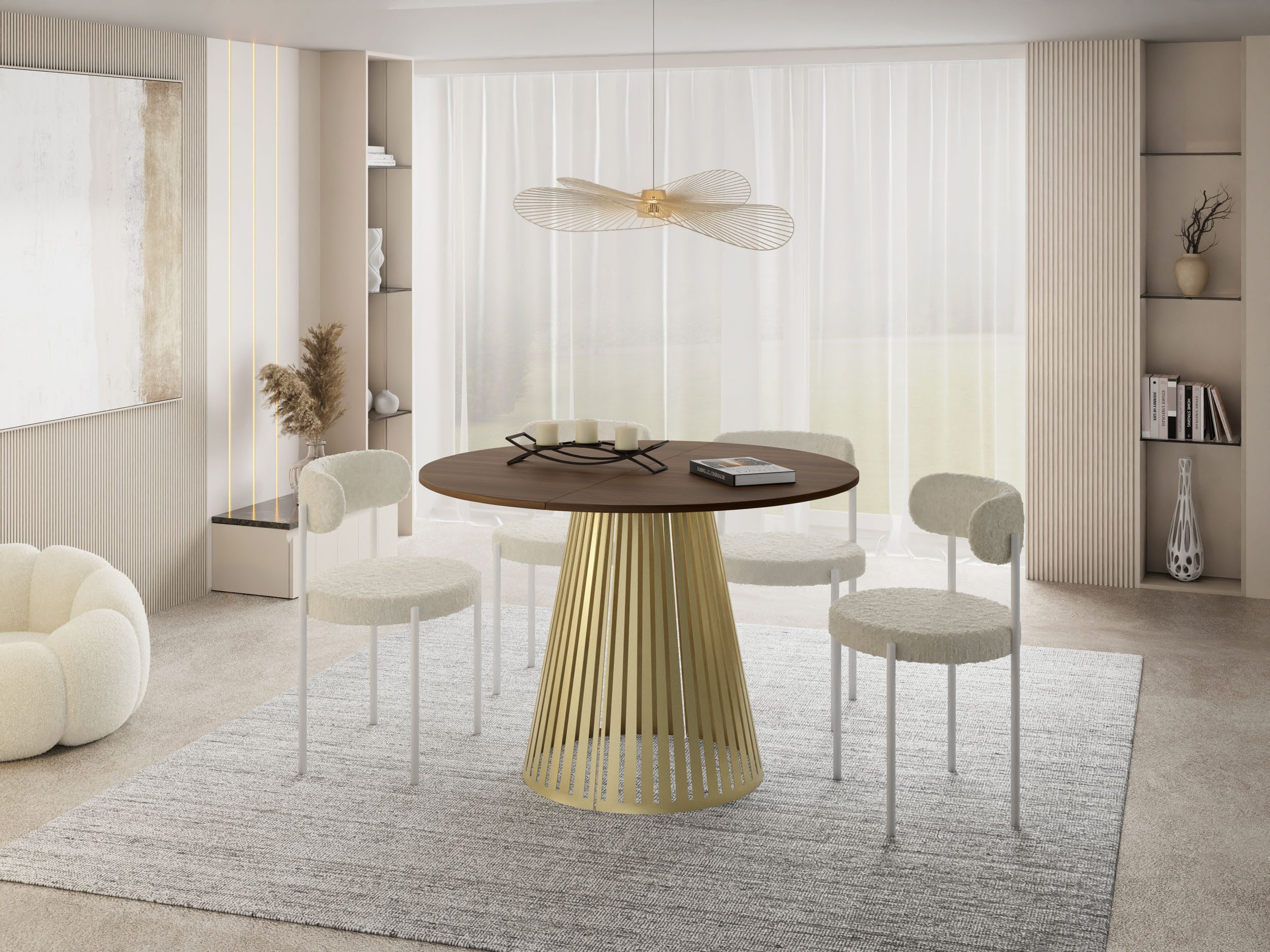 WFL GROUP Esstisch Naro Gold ausziehbar rund modern mit goldenen Metallbeinen (MADE IN EU, erhältlich in 2 Größen – 100/120 cm, ausziehbar auf 180/200 cm), platzsparender Tisch für kleine Küche, Esszimmer oder Wohnzimmer