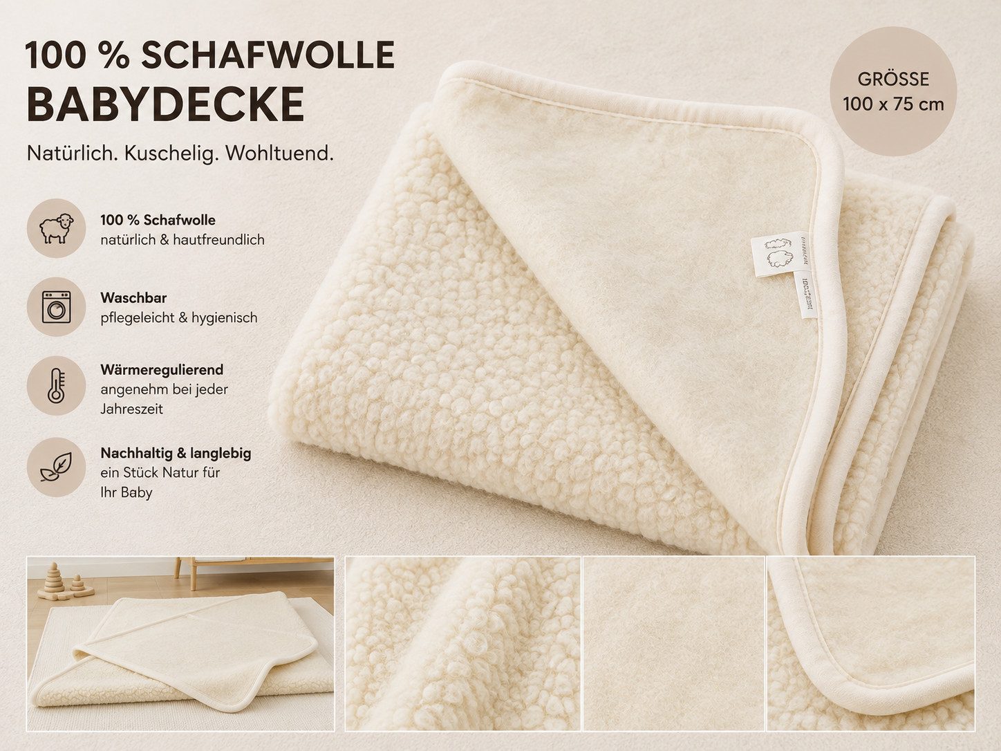 Babydecke Wolldecke Krabbeldecke aus 100 % Schafwolle 100x75 cm, LIRA Deko, atmungsaktiv & temperaturabgleichend, für Kinderwagen, Geschenkidee – Bild 2 von 2