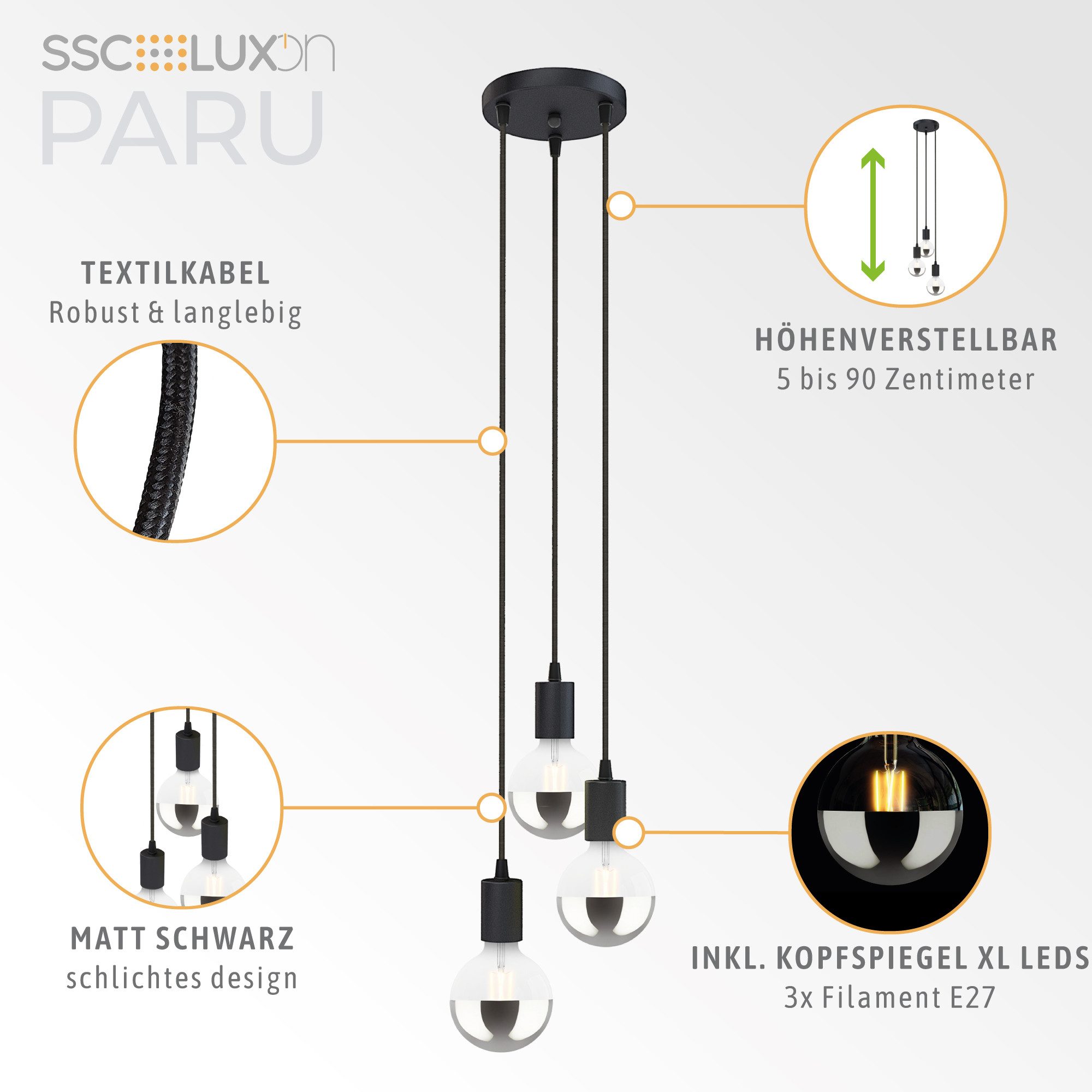 SSC-LUXon LED-Hängeleuchte PARU 3er Hängeleuchte mit E27 XL Kopfspiegel LED warmweiß 7W, Warmweiß
