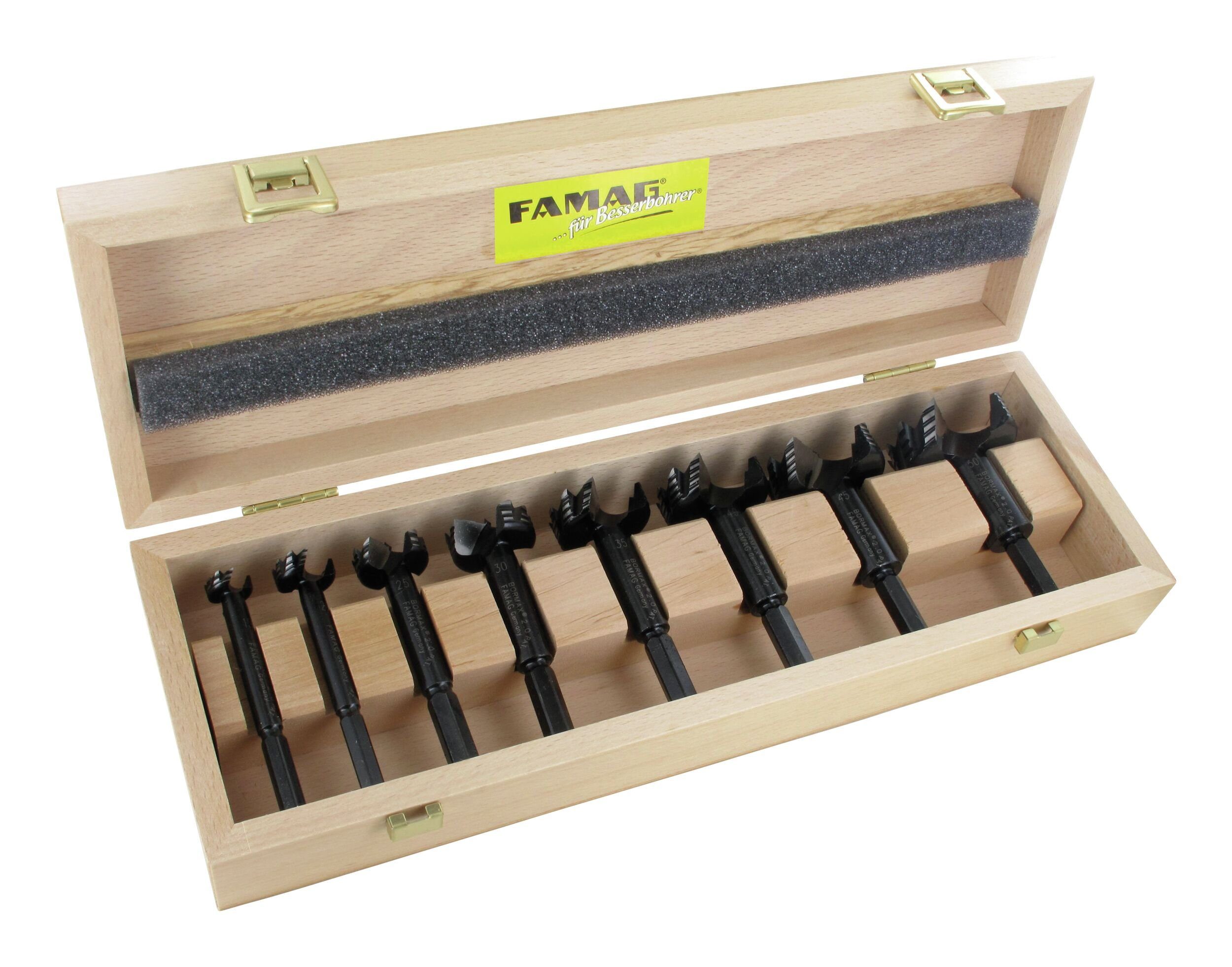 FAMAG Holzbohrer, Bormax-Satz im Holzkast. 8-teilig 15-50 mm