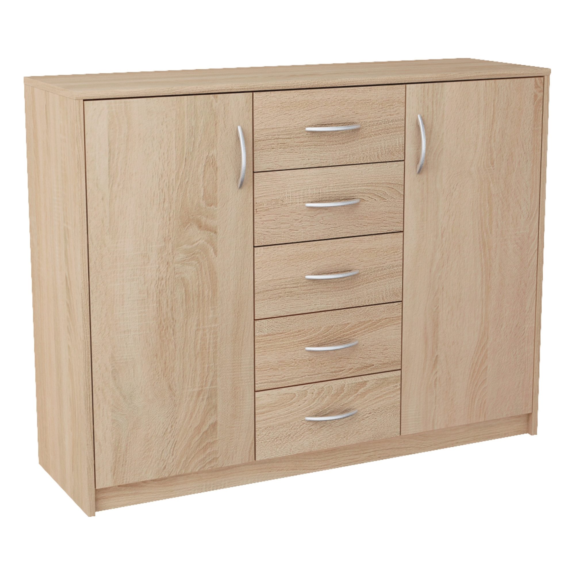 Home Collective Kommode mit 5 Schubladen und 2 Türen in matter Ausführung, Kommode 110cm breit (mit hochwertigen Polymergriffen, aus laminierter Platte gefertigt, Metallrollen mit Auszugsstopp), Holz Schrank Sideboard Highboard Kommode mit Schubladen sonoma