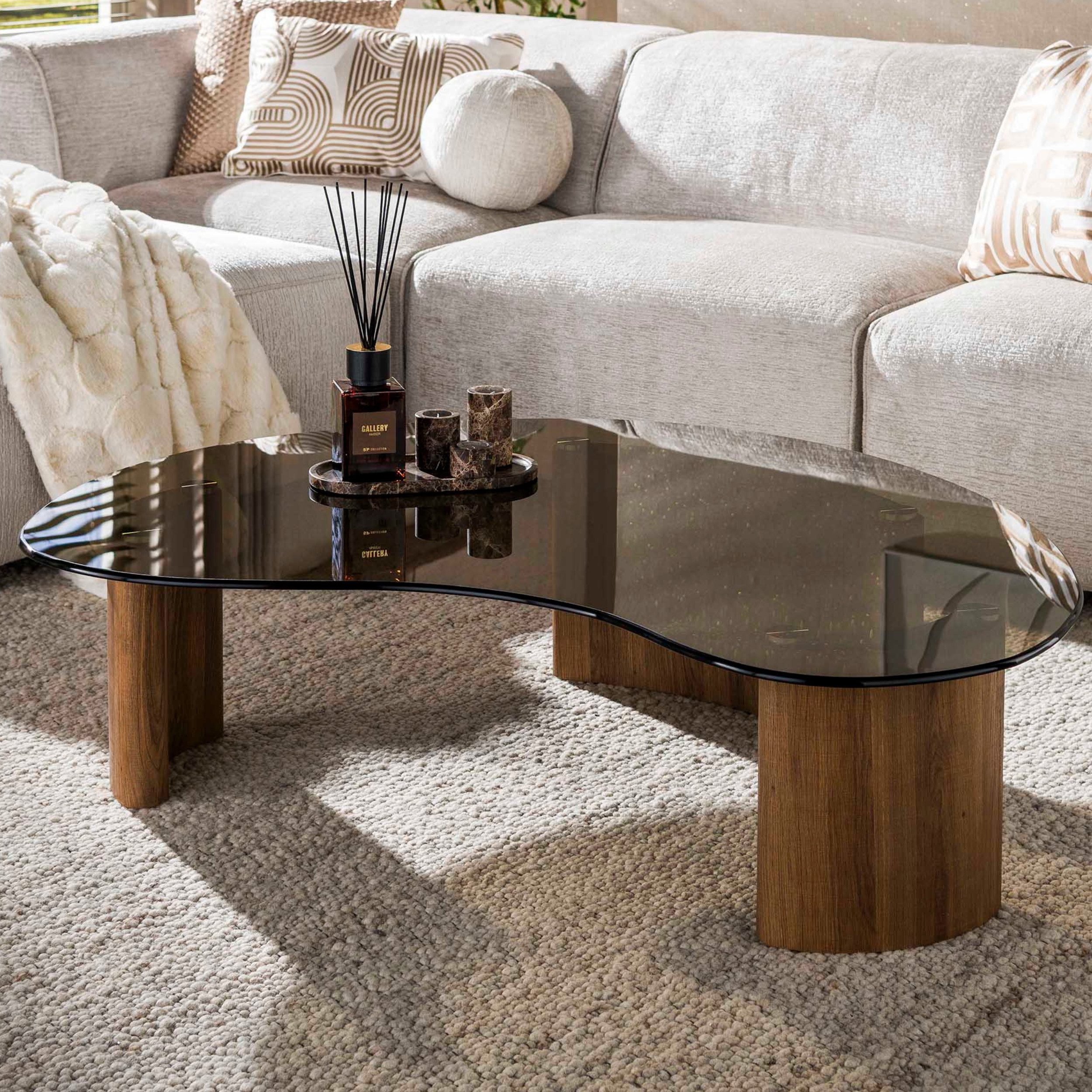 alesvelt Couchtisch TINTO NUVOLA Organischer Nierentisch mit braunem Rauchglas (1-Tisch), 131x86x35cm, Eichenholz-Optik