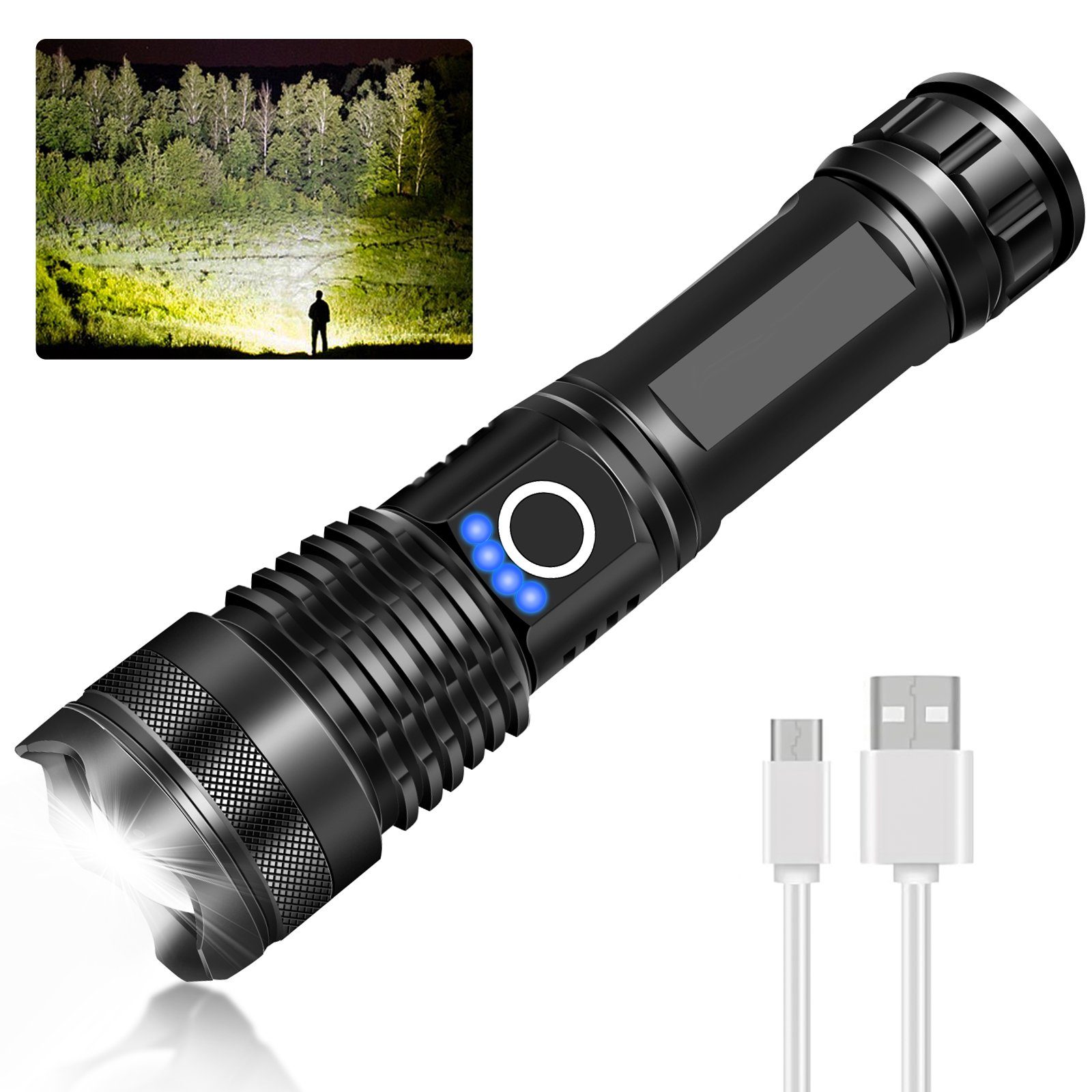 MDHAND Taschenlampe LED Taschenlampe USB Aufladbar Taktische Flashlight 5-Lichtmodi (1-St), Ideal für Outdoor Camping, Angeln, Nachts gehen