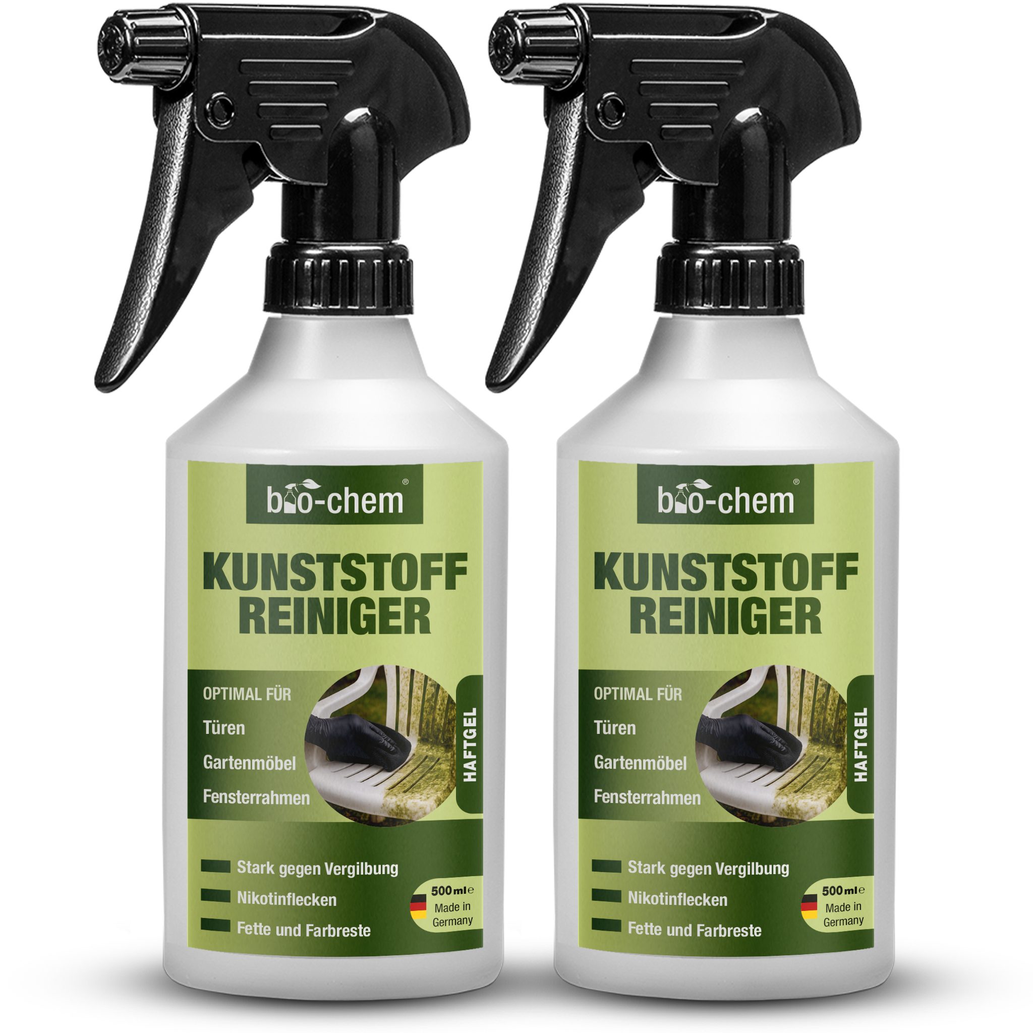 bio-chem bio-chem Kunststoffreiniger – gegen Vergilbungen & Nikotin Kunststoffreiniger (Sparpaket, [- Kunststoffreiniger 2x 0.5 l Handsprayflasche Haftet gut – viskose, gelartige Konsistenz)