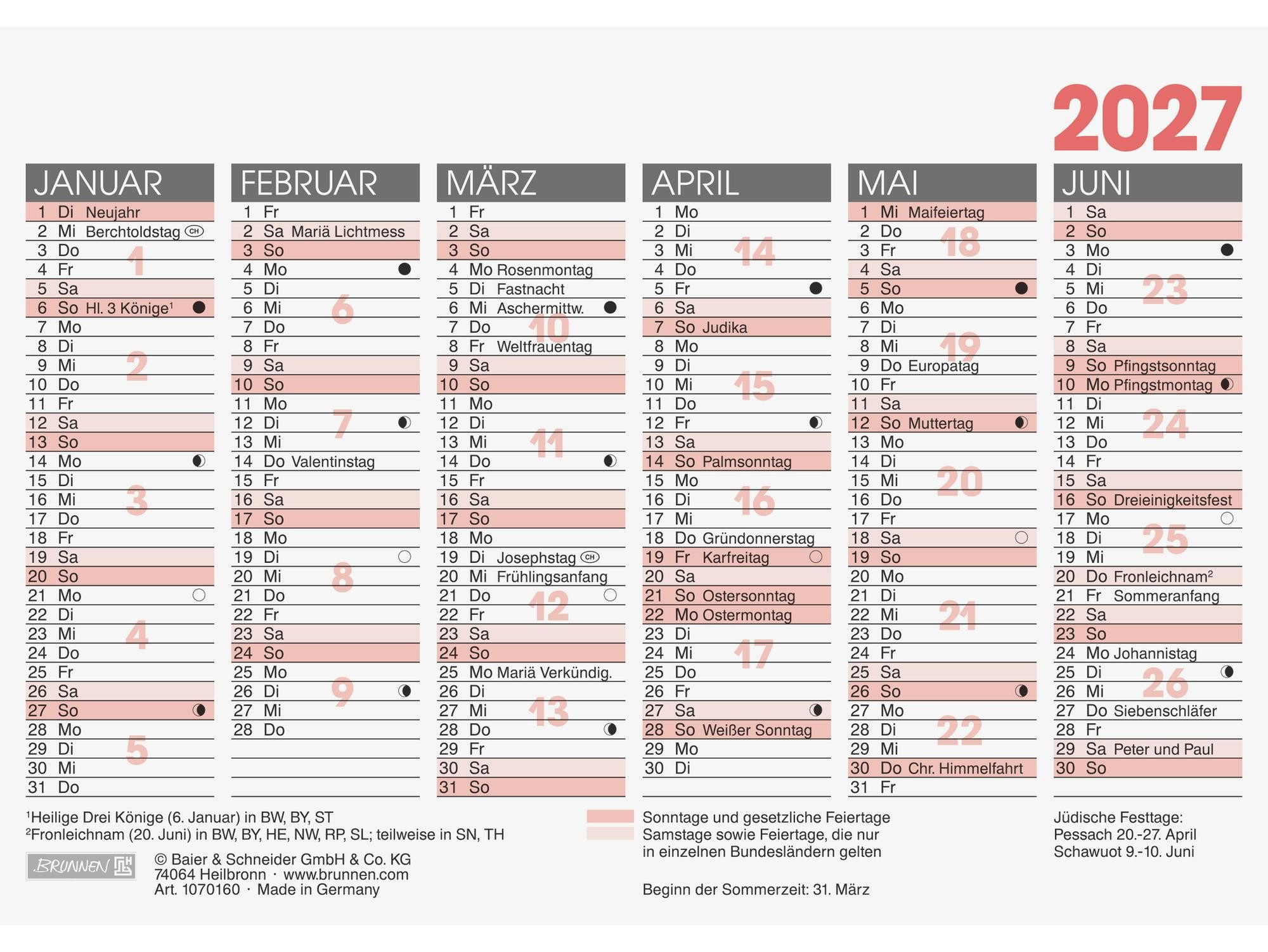 Baier & Schneider Wandkalender Brieftaschenkalender 2027 im Format A6 quer