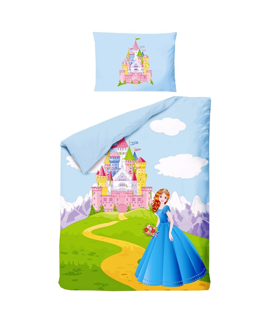 JACK Babybettwäsche 100x135cm Prinzessin Schloss Berge, Renforcé, 2 teilig, märchenhafte Babybettwäsche, Schloss in den Bergen mit Reißverschluss