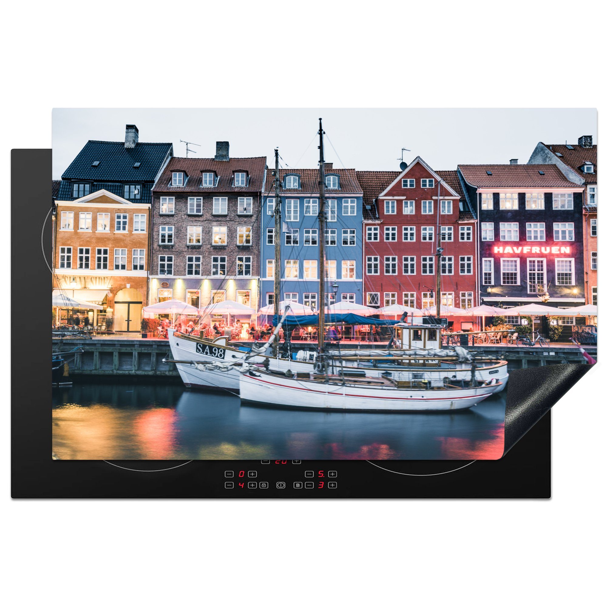 MuchoWow Herdblende-/Abdeckplatte Kopenhagen - Dänemark - Hafen, Vinyl, (1 tlg), 81x52 cm, Induktionskochfeld Schutz für die küche, Ceranfeldabdeckung