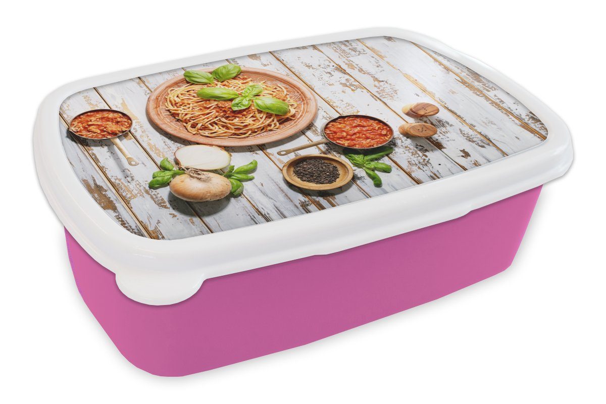 MuchoWow Lunchbox Nudeln - Basilikum - Gemüse, Kunststoff, (2-tlg), Brotbox für Erwachsene, Brotdose Kinder, Snackbox, Mädchen, Kunststoff rosa