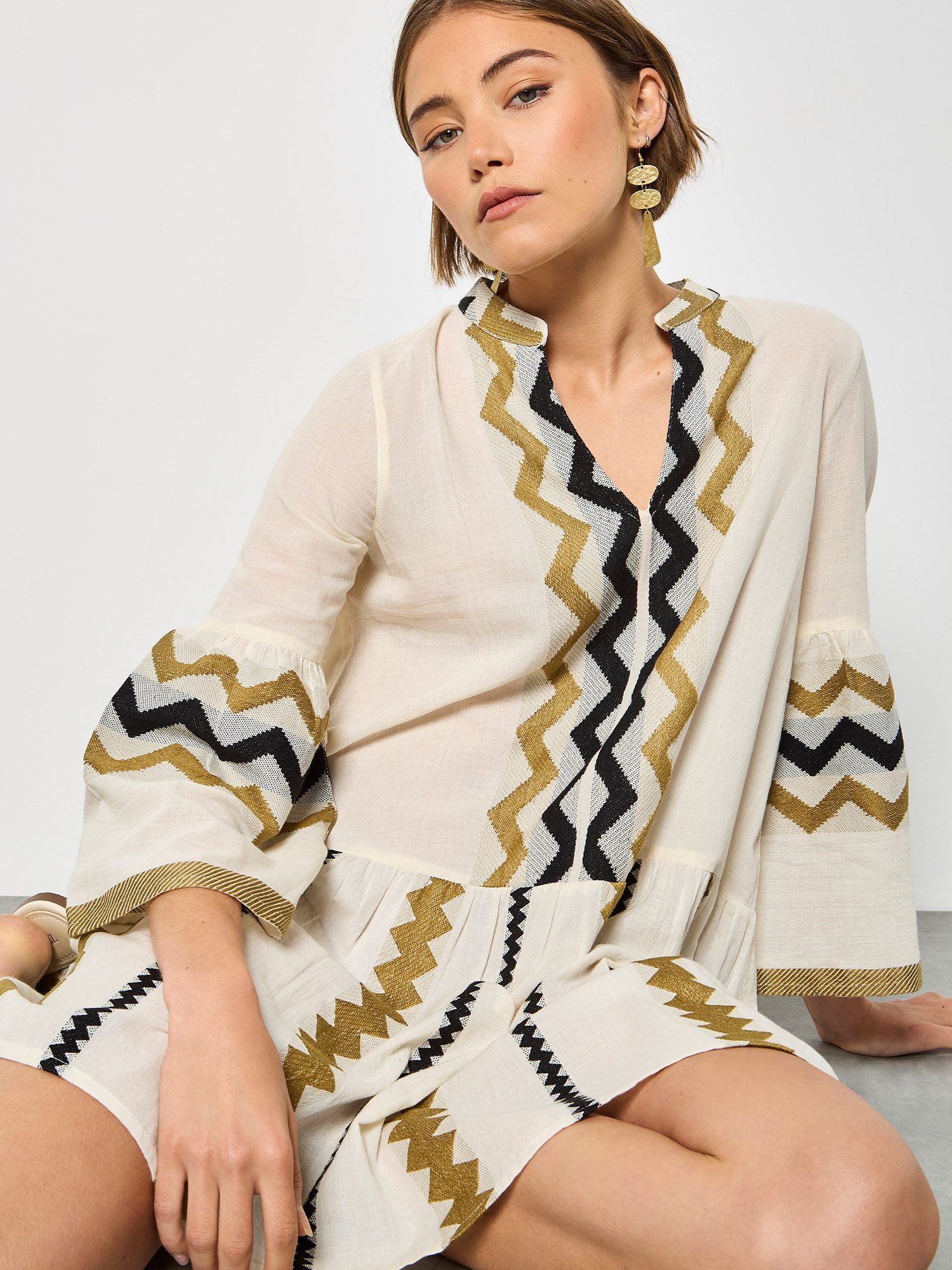 Apricot Druckkleid Tunika-Kleid mit Chevron-Muster