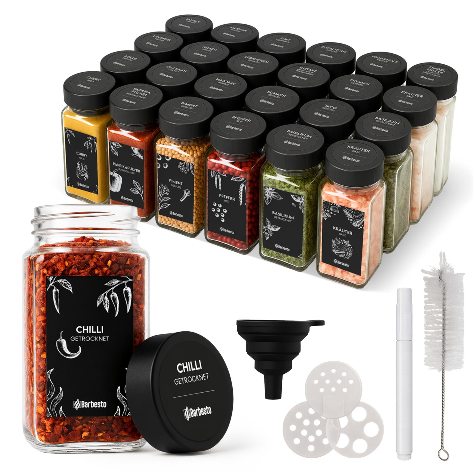 CLP Aufbewahrungsbox Gewürzgläser (Kombi Set), 24er Set je 120ml, mit Streueinsätzen und Etiketten