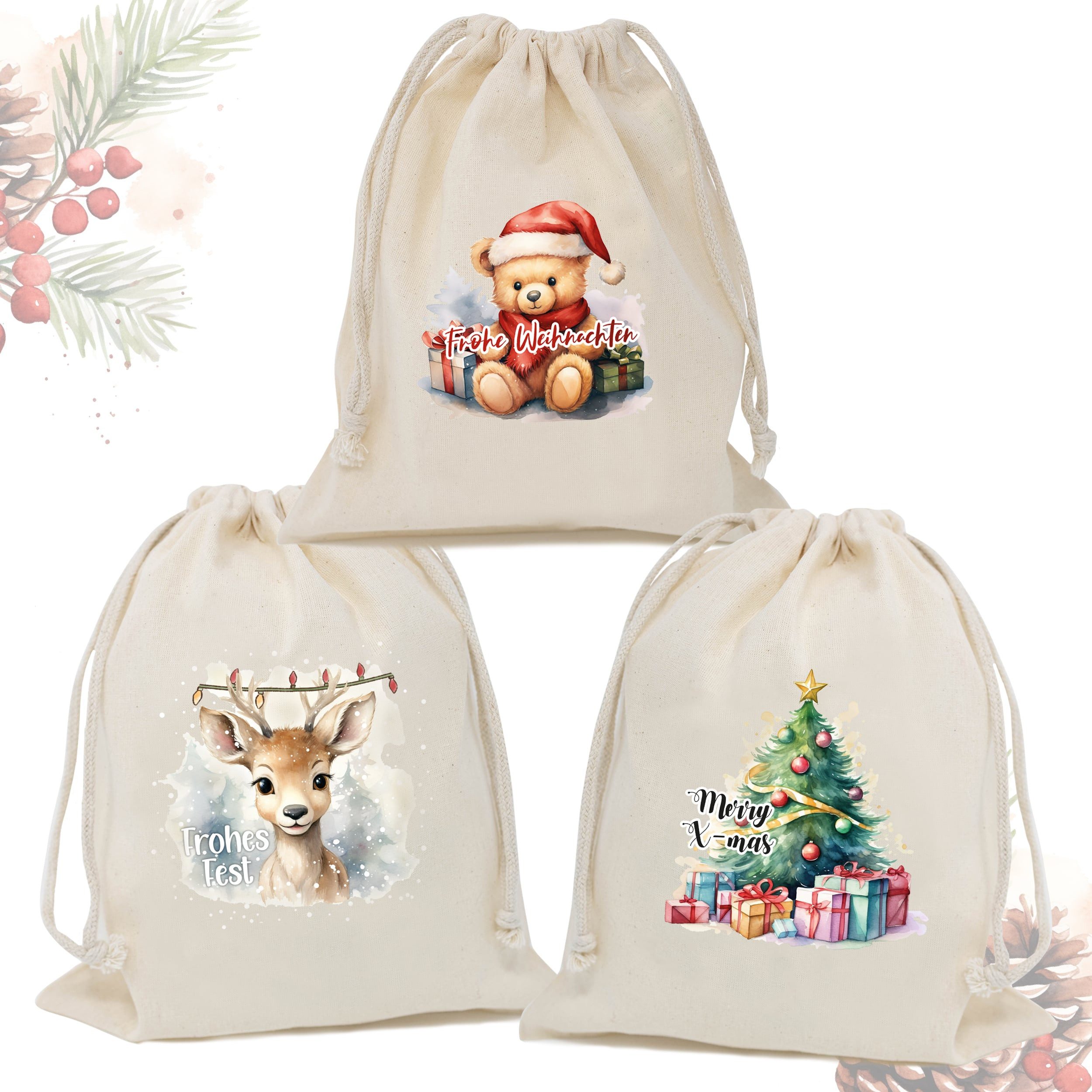 TOBJA Weihnachtskarte Weihnachtsbeutel Stoff 3er Set Geschenkbeutel Weihnachten, Geschenkverpackung, Weihnachtssäckchen 25x30 cm
