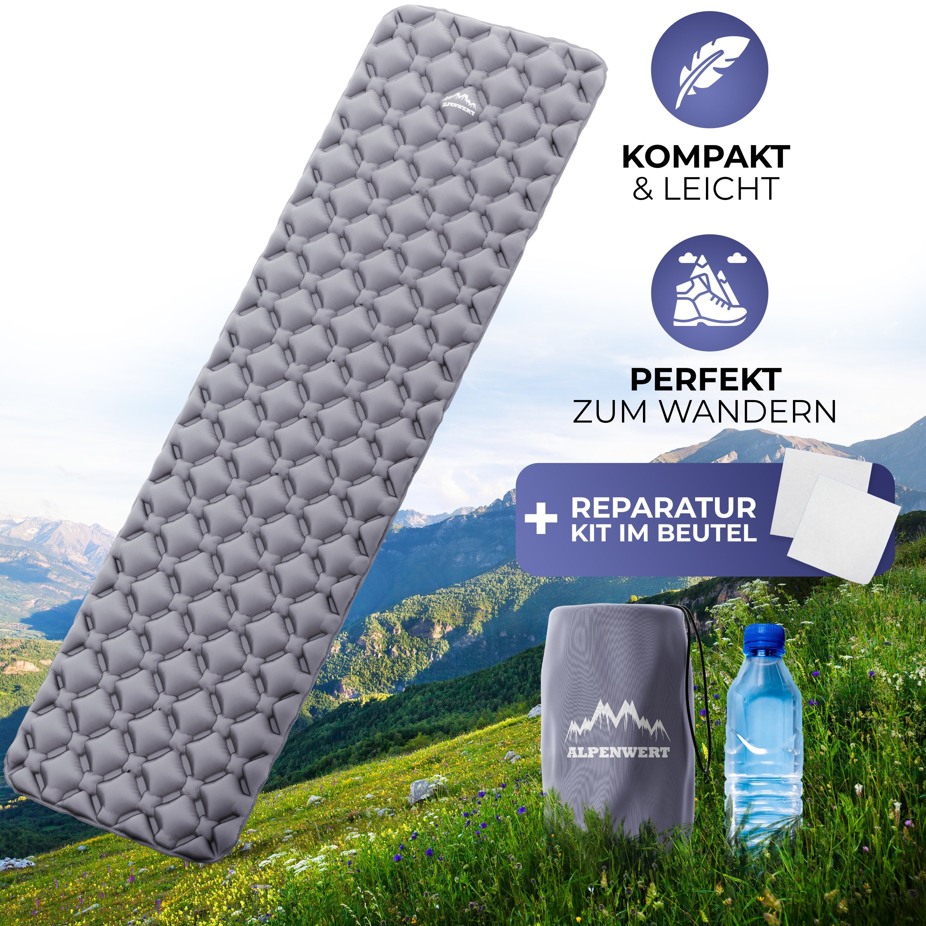 Schlafmatte Grau Kleines Aufblasbar Alpenwert Isomatte Ultra Reparatur GRATIS Pad, Sleeping Kit Packmaß, Camping Leicht, (Set), Outdoor